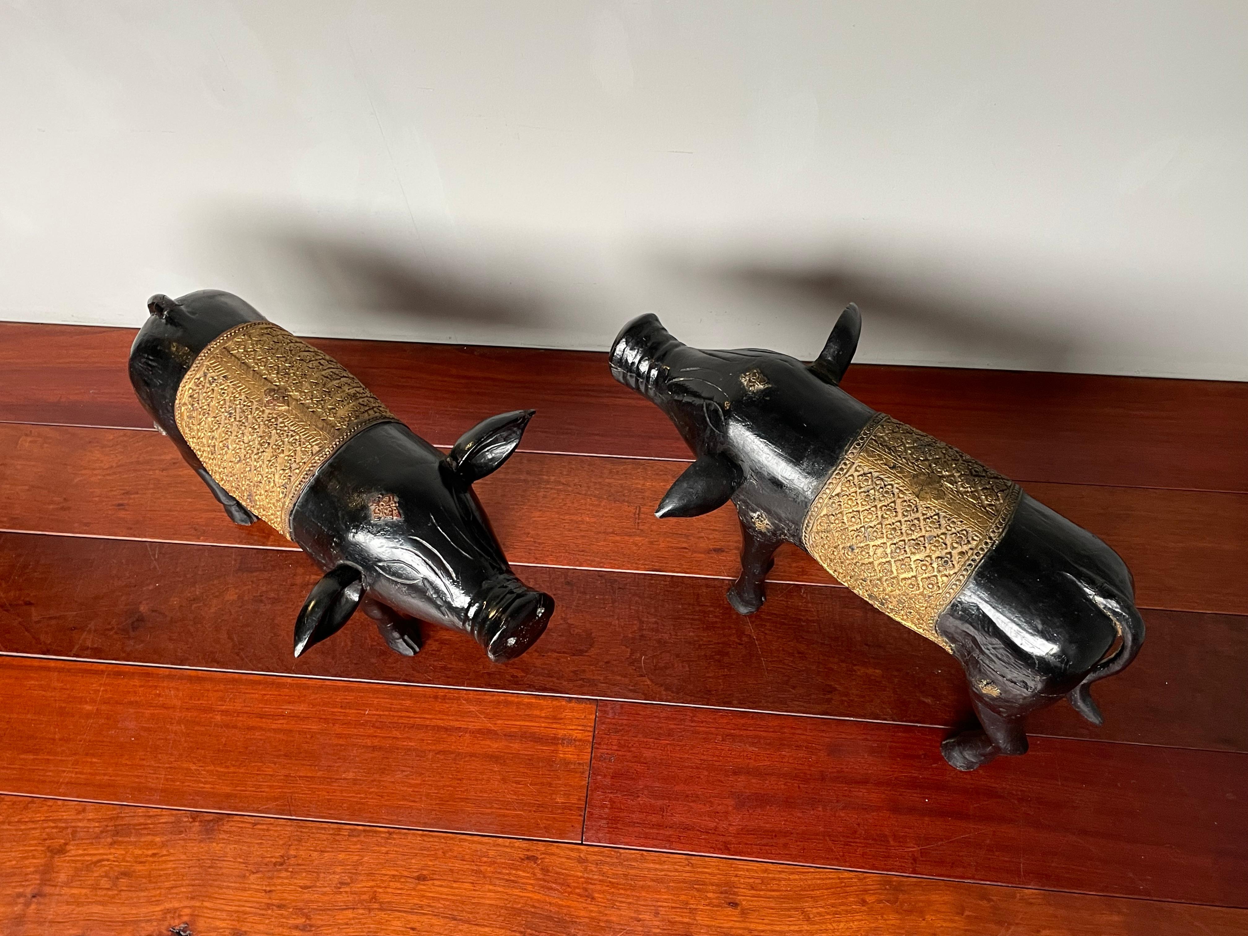 Unknown Antique, Rare & Decorative Pair of Hand Carved and Hand Painted Pig Sculptures