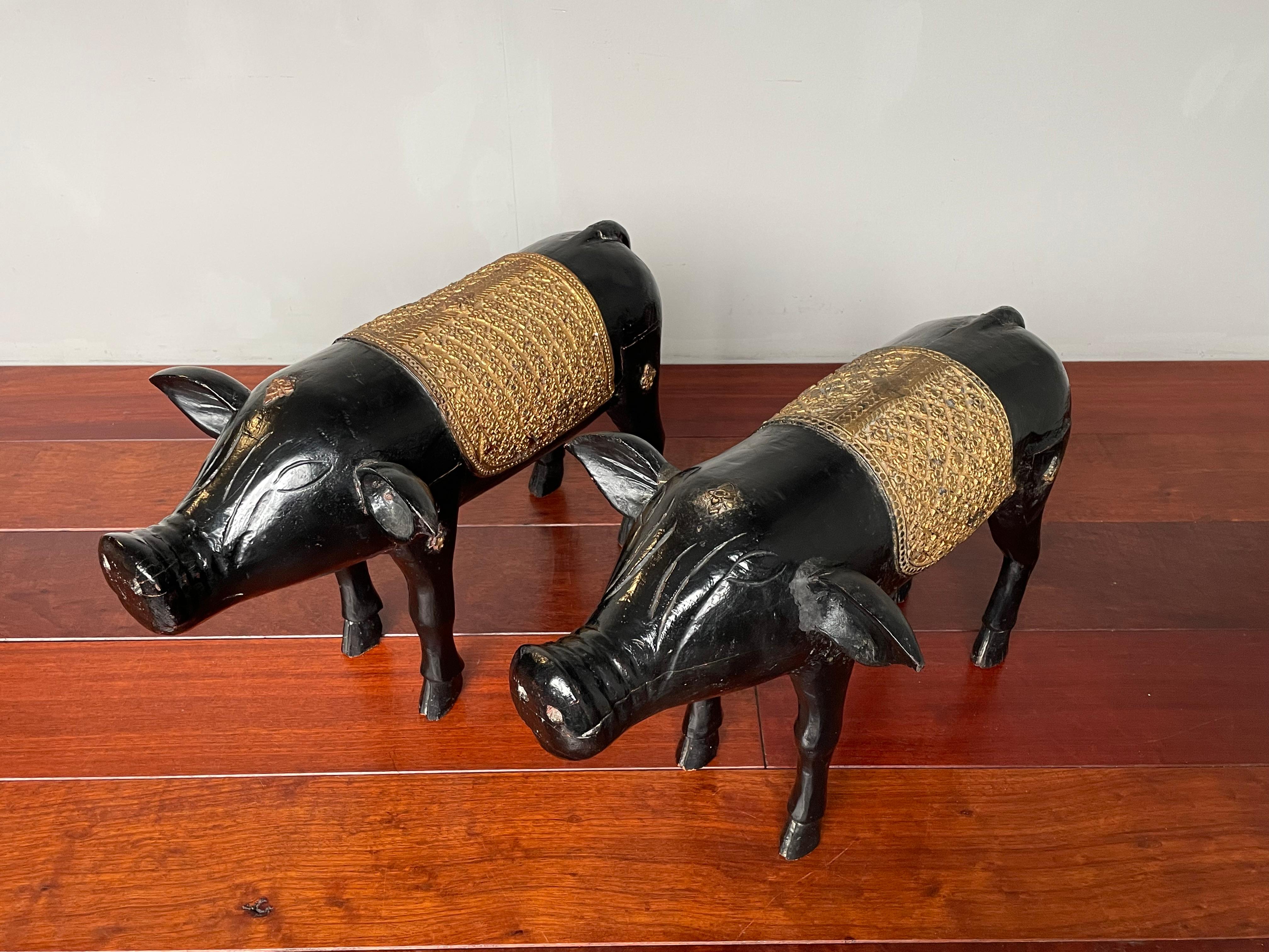 20th Century Antique, Rare & Decorative Pair of Hand Carved and Hand Painted Pig Sculptures