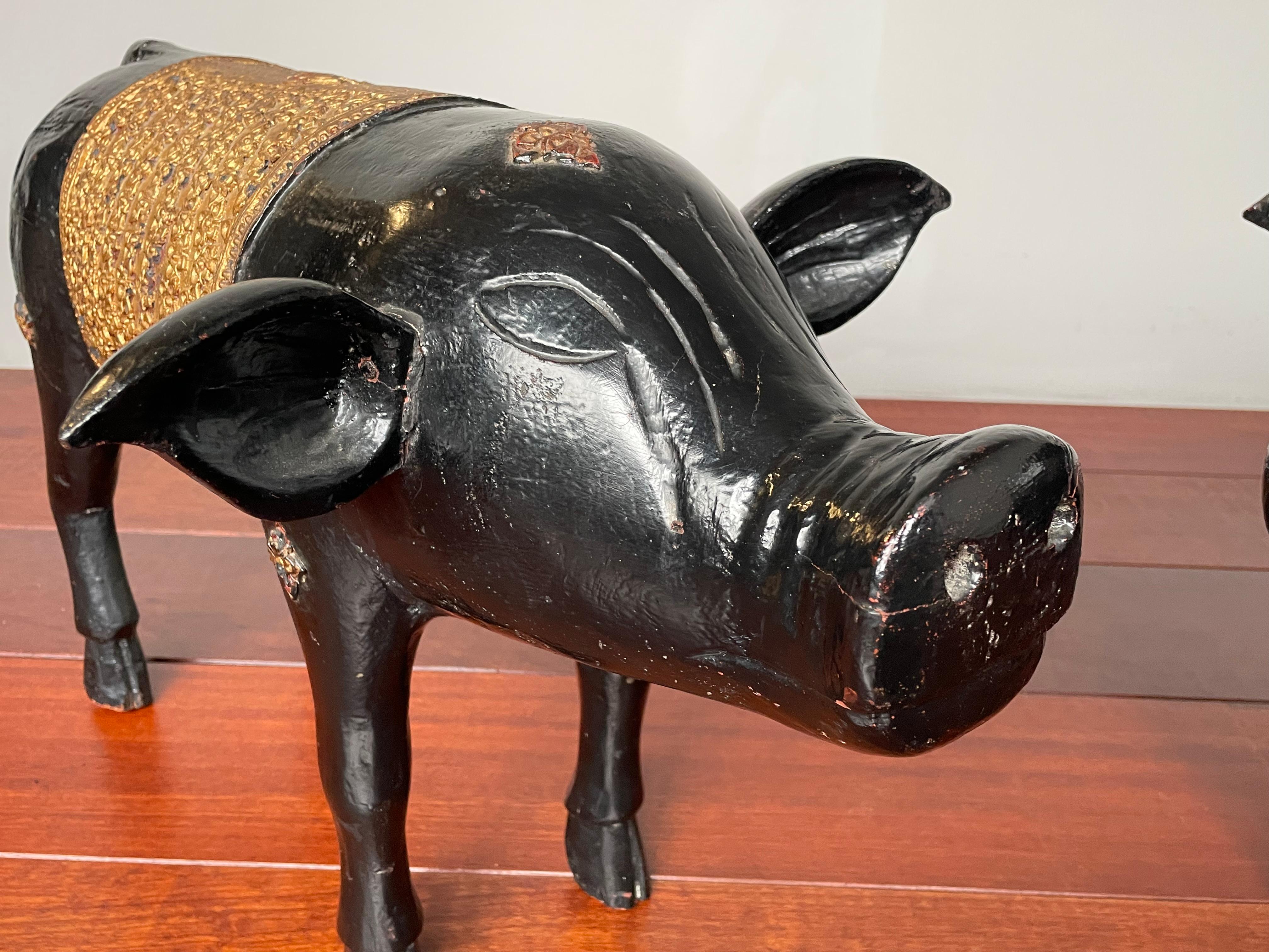 Gold Leaf Antique, Rare & Decorative Pair of Hand Carved and Hand Painted Pig Sculptures