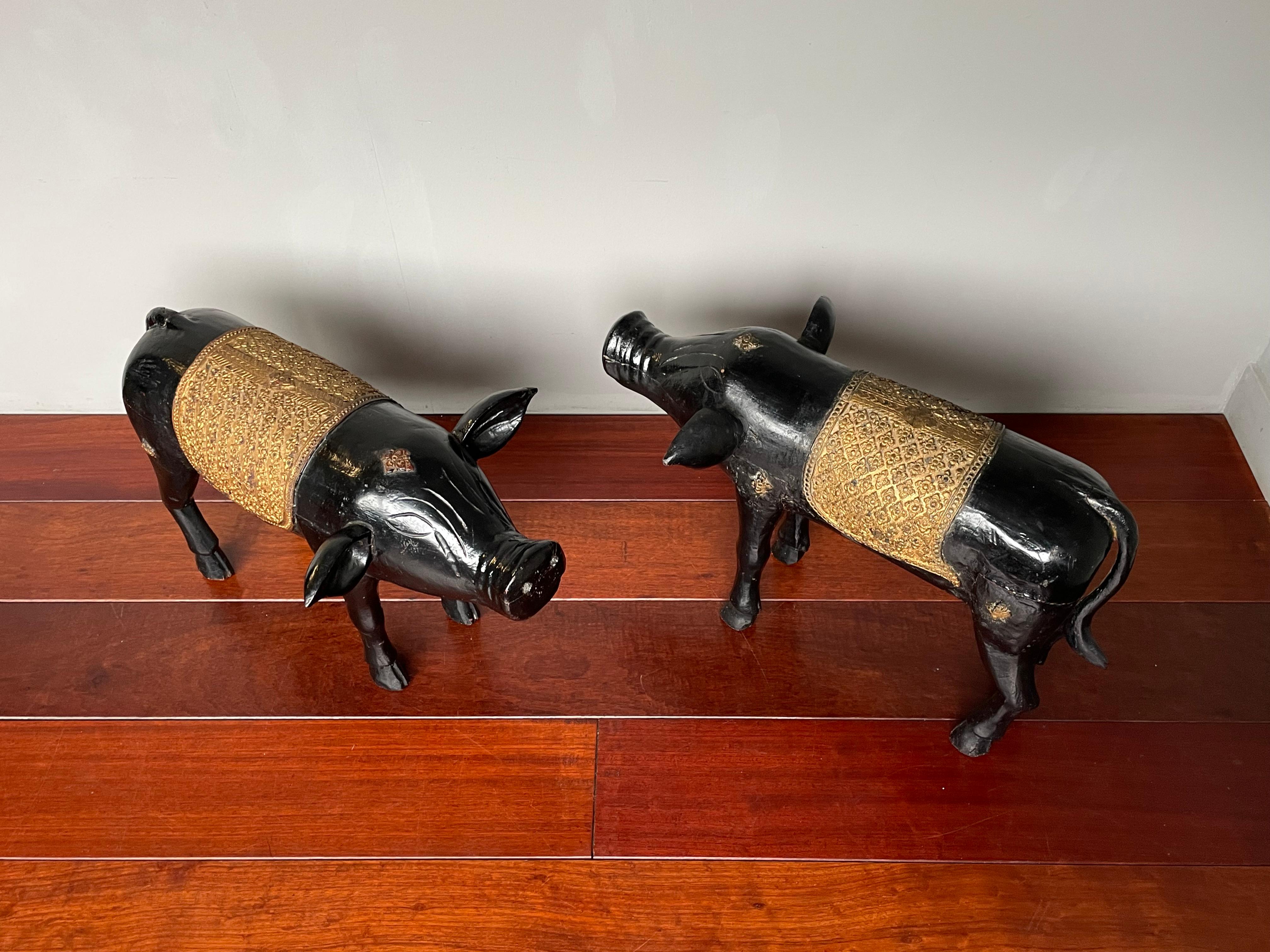 Antique, Rare & Decorative Pair of Hand Carved and Hand Painted Pig Sculptures 1