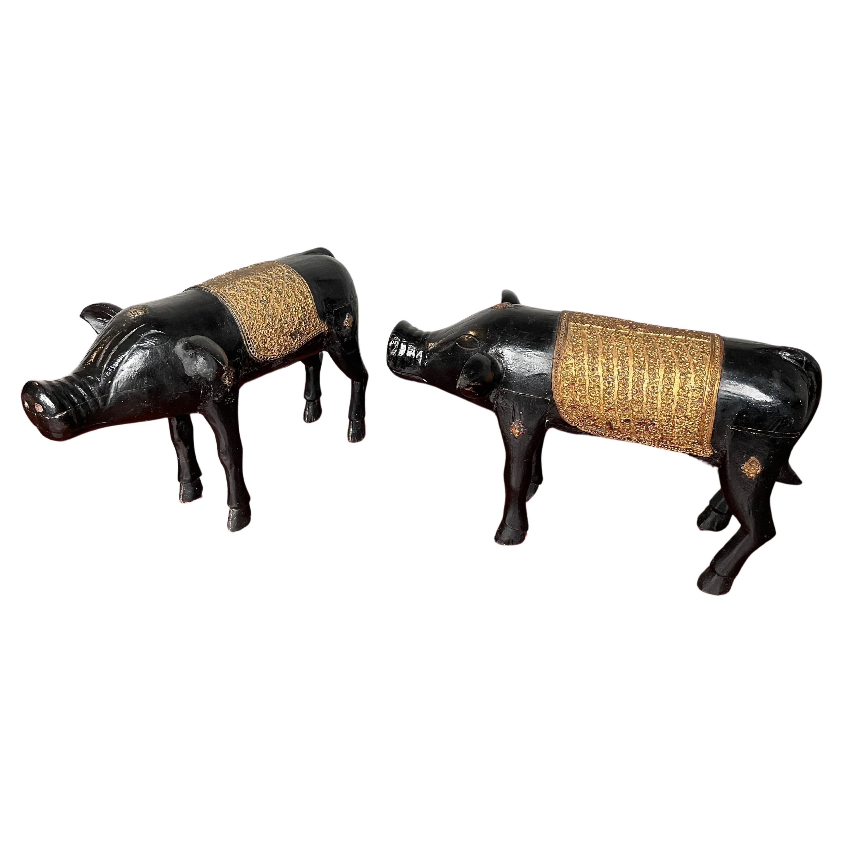 Antique, Rare & Decorative Pair of Hand Carved and Hand Painted Pig Sculptures