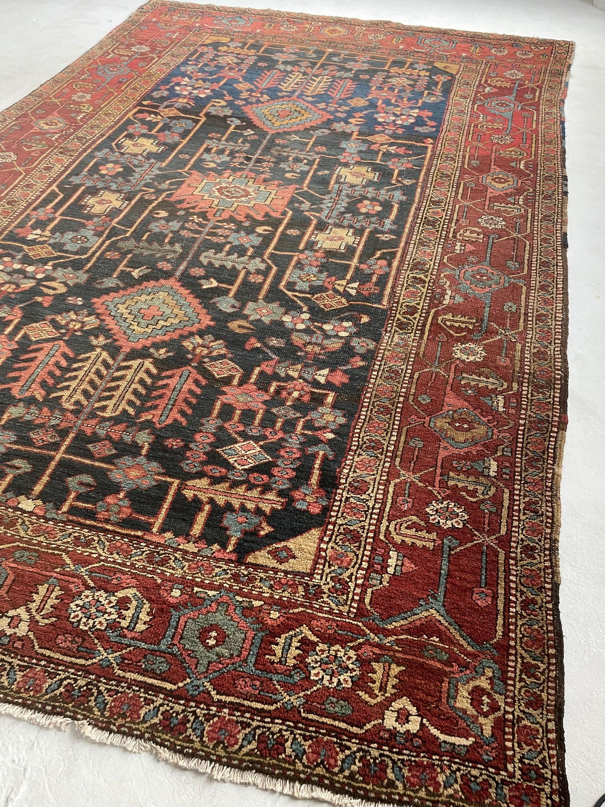 Mint Rare Design with Gorgeous Color Palette  One-of-One Antique Persian Heriz

About: Ask any rug expert you know if they've EVER seen anything like this! This is a completely different SPECIES.  Deepest Indigo with large bands of Dark Oxford Blue