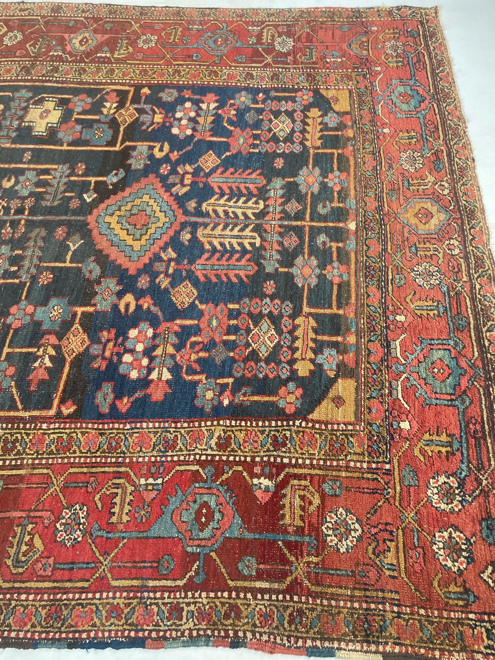 Hand-Knotted Antique Rare Design with Color Palette 1-of-1 Persian Heriz Rug, circa 1920's For Sale