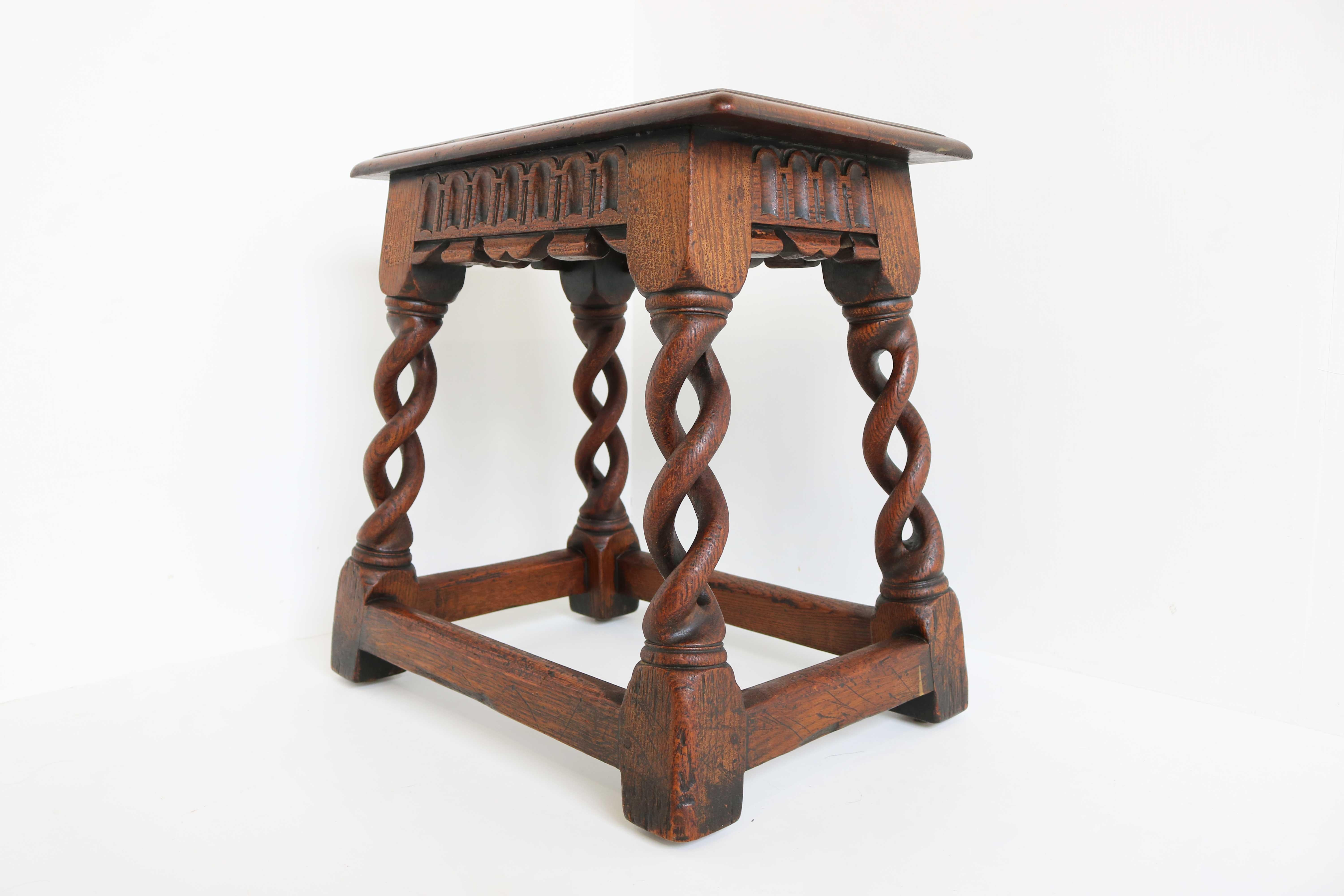 Antique Rare English Open Barley Twist Splaying Legs Oak Hand Carved Joint Stool 5