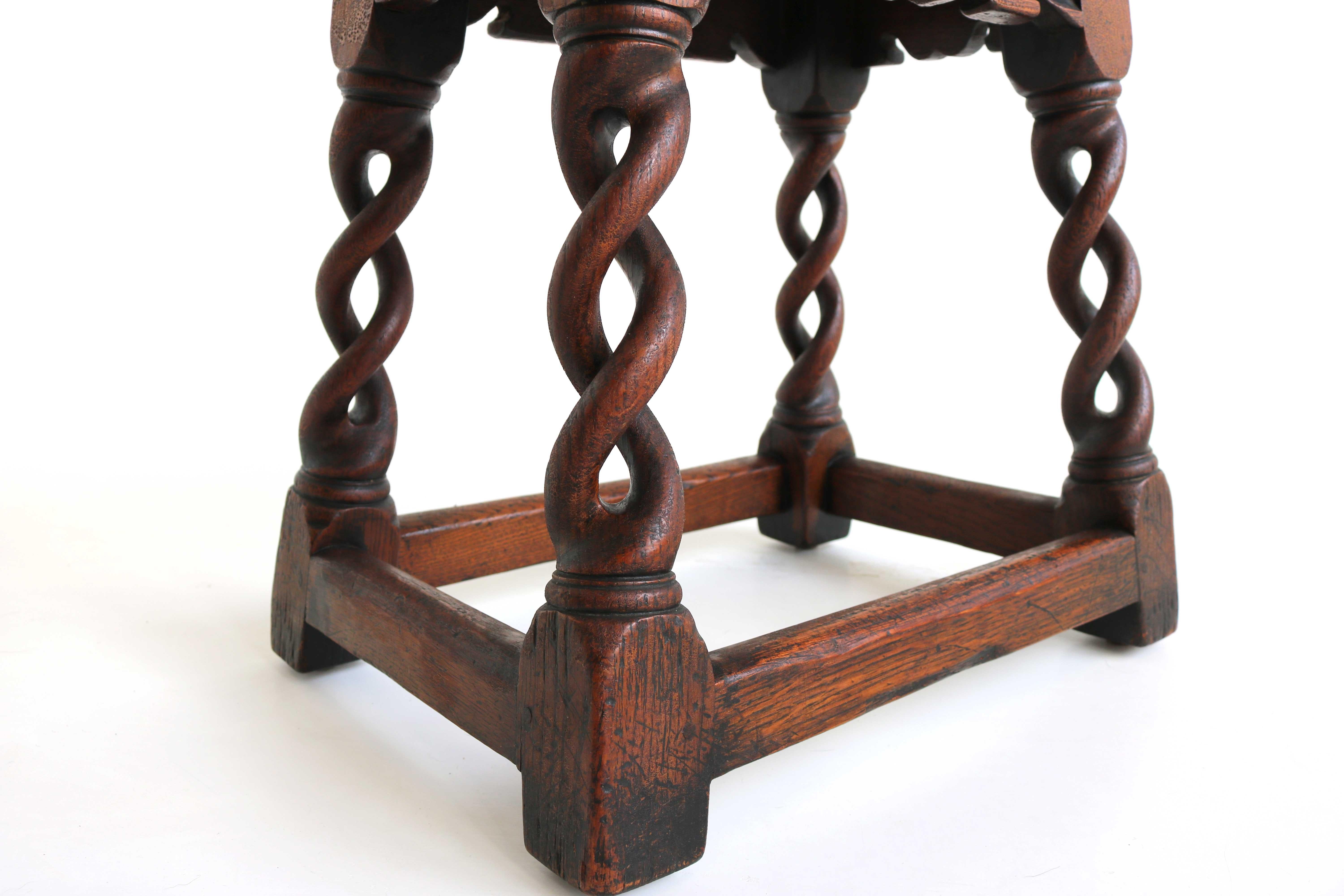 Antique Rare English Open Barley Twist Splaying Legs Oak Hand Carved Joint Stool 6