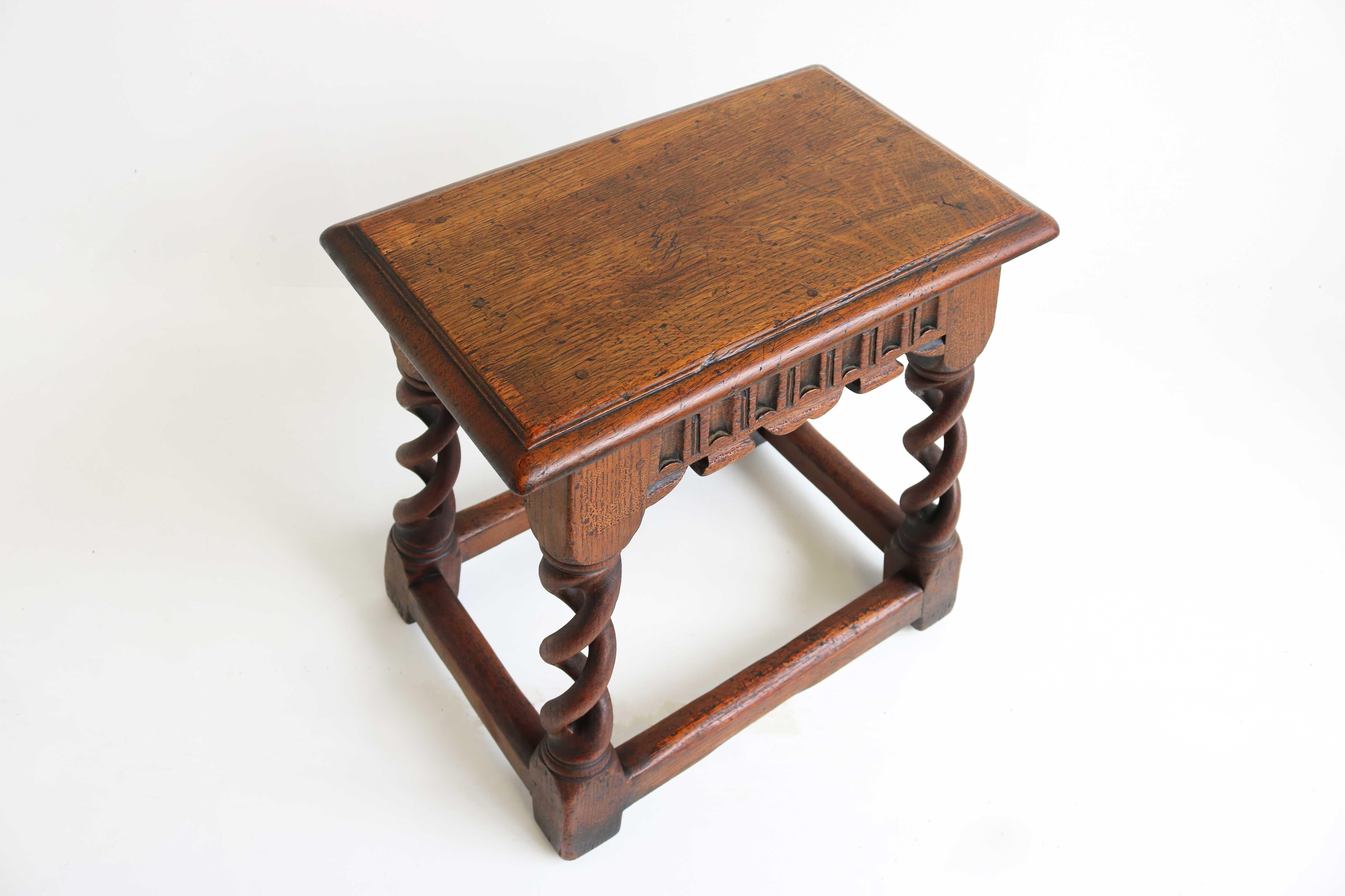 19th Century Antique Rare English Open Barley Twist Splaying Legs Oak Hand Carved Joint Stool
