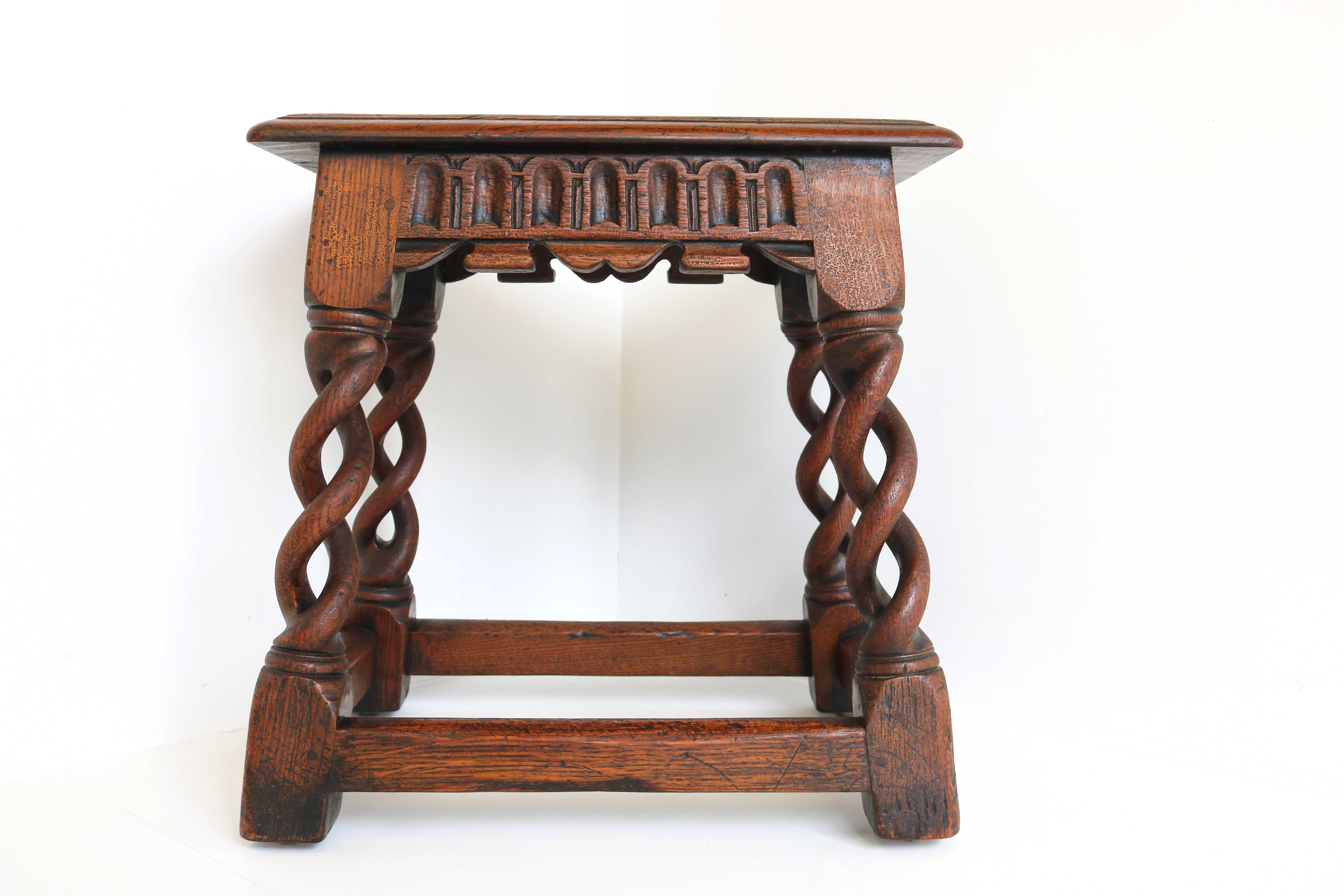 Antique Rare English Open Barley Twist Splaying Legs Oak Hand Carved Joint Stool 1