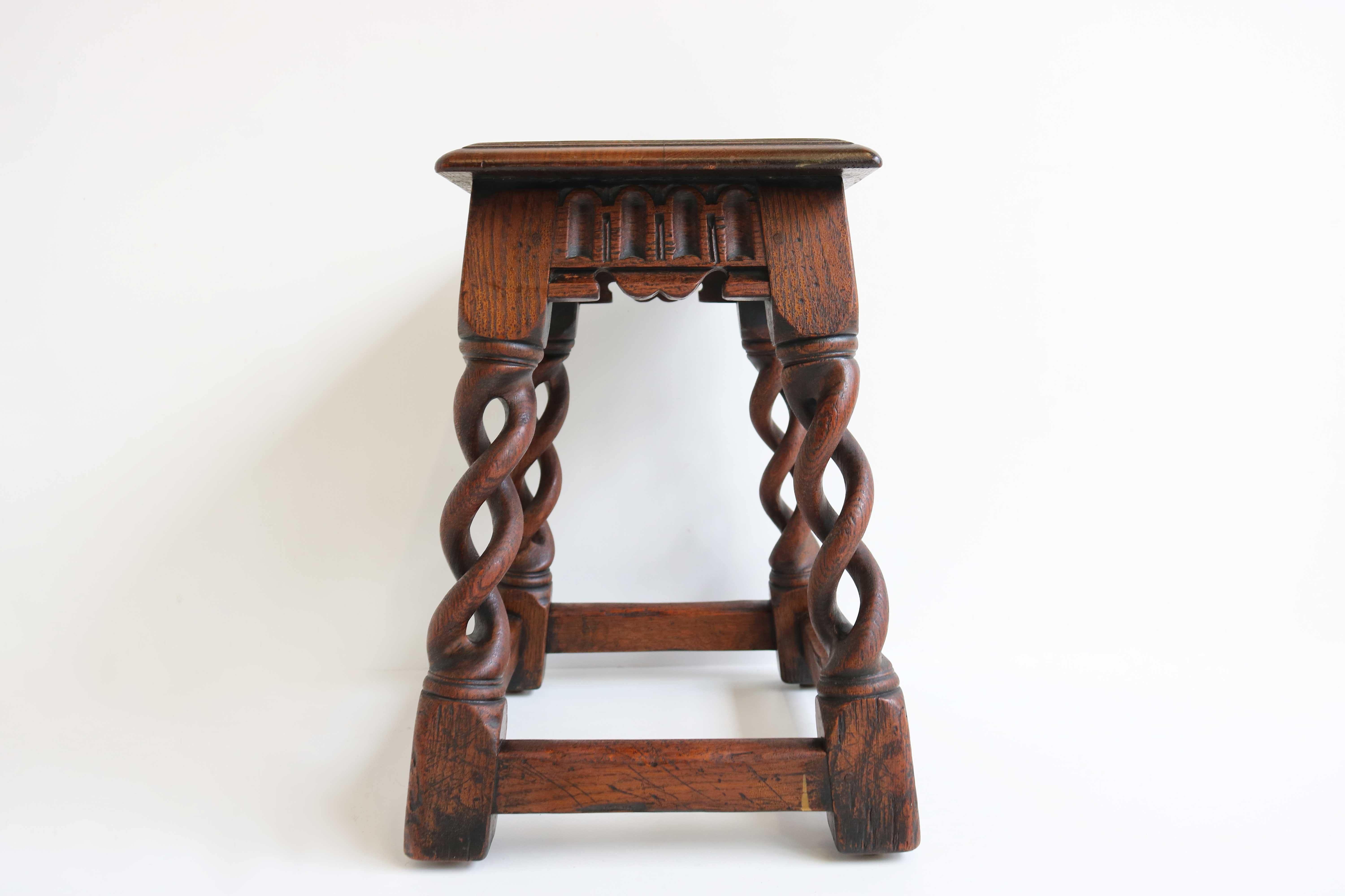 Antique Rare English Open Barley Twist Splaying Legs Oak Hand Carved Joint Stool 3