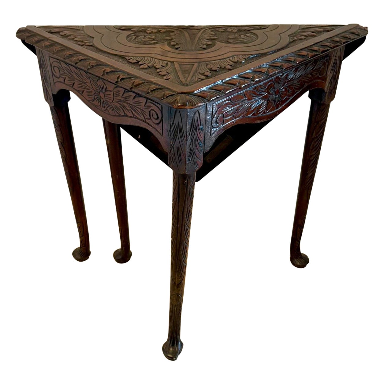 Antique Rare George III Carved Mahogany Folding Corner Table For Sale