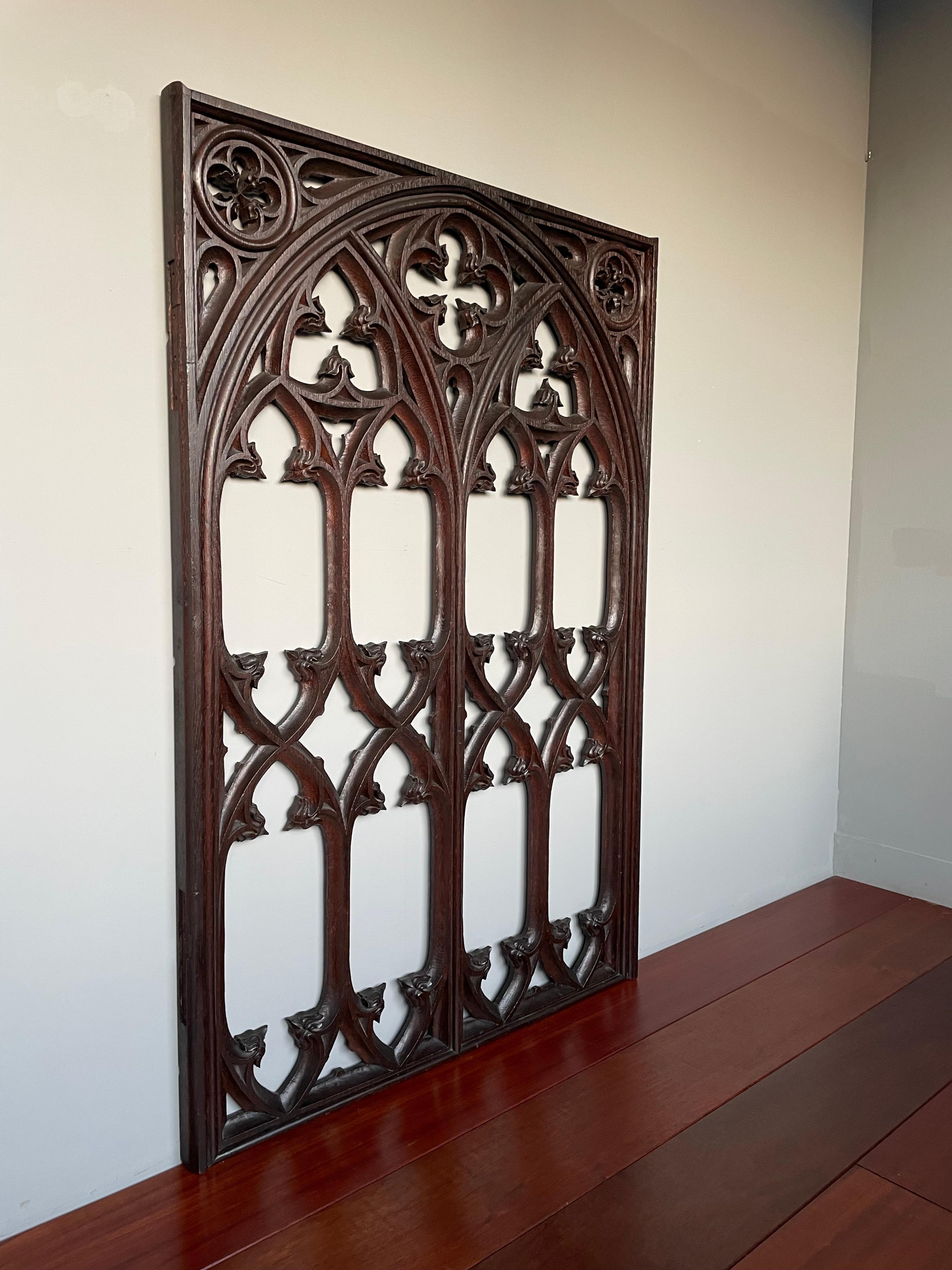 European Antique & Rare Hand Carved Oak Gothic Revival Church or Monastery Window Frame