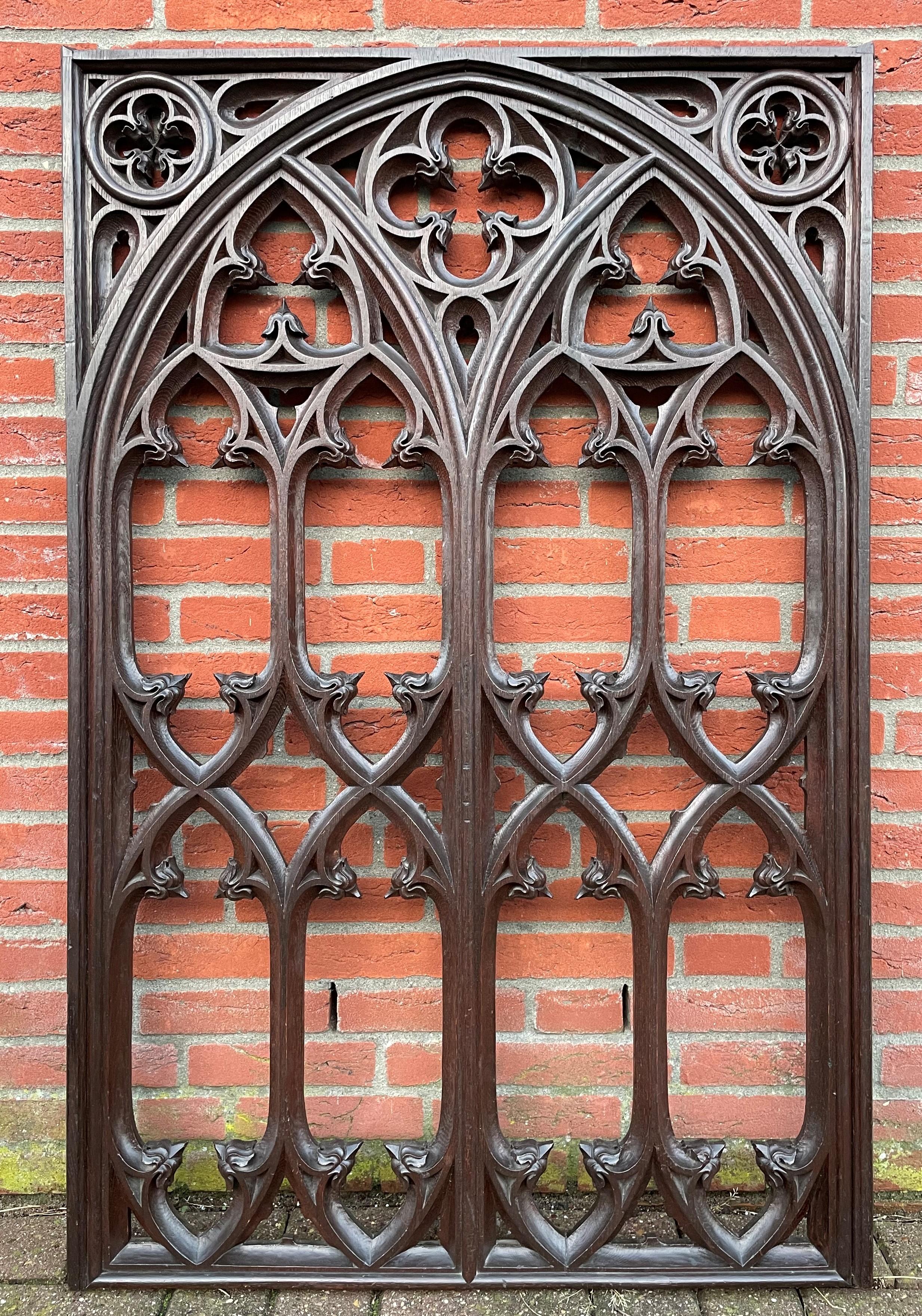19th Century Antique & Rare Hand Carved Oak Gothic Revival Church or Monastery Window Frame