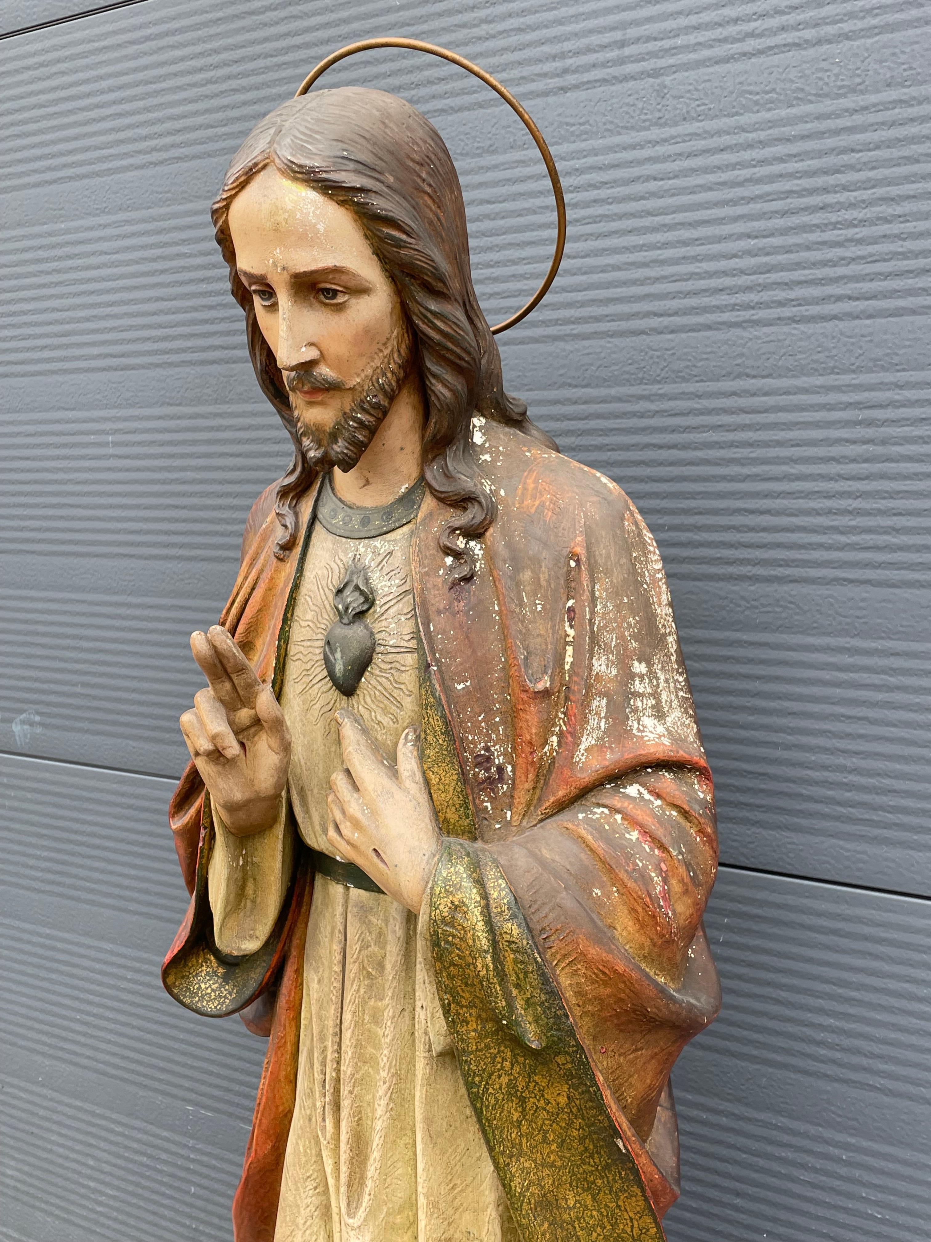 Metal Antique & Rare Hand Painted Plaster, Church Sculpture or Statue of Jesus Christ For Sale