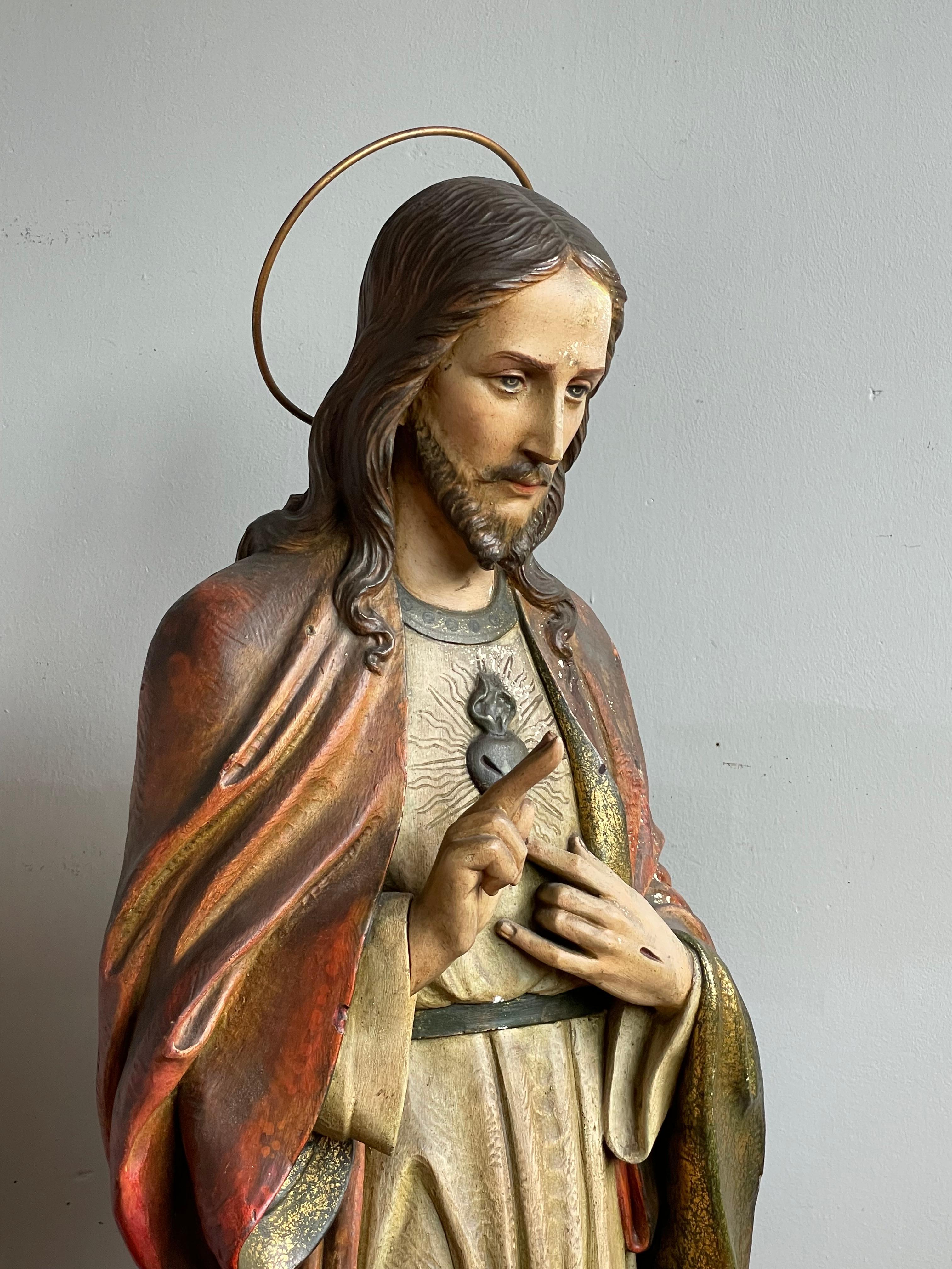 Antique & Rare Hand Painted Plaster, Church Sculpture or Statue of Jesus Christ For Sale 2