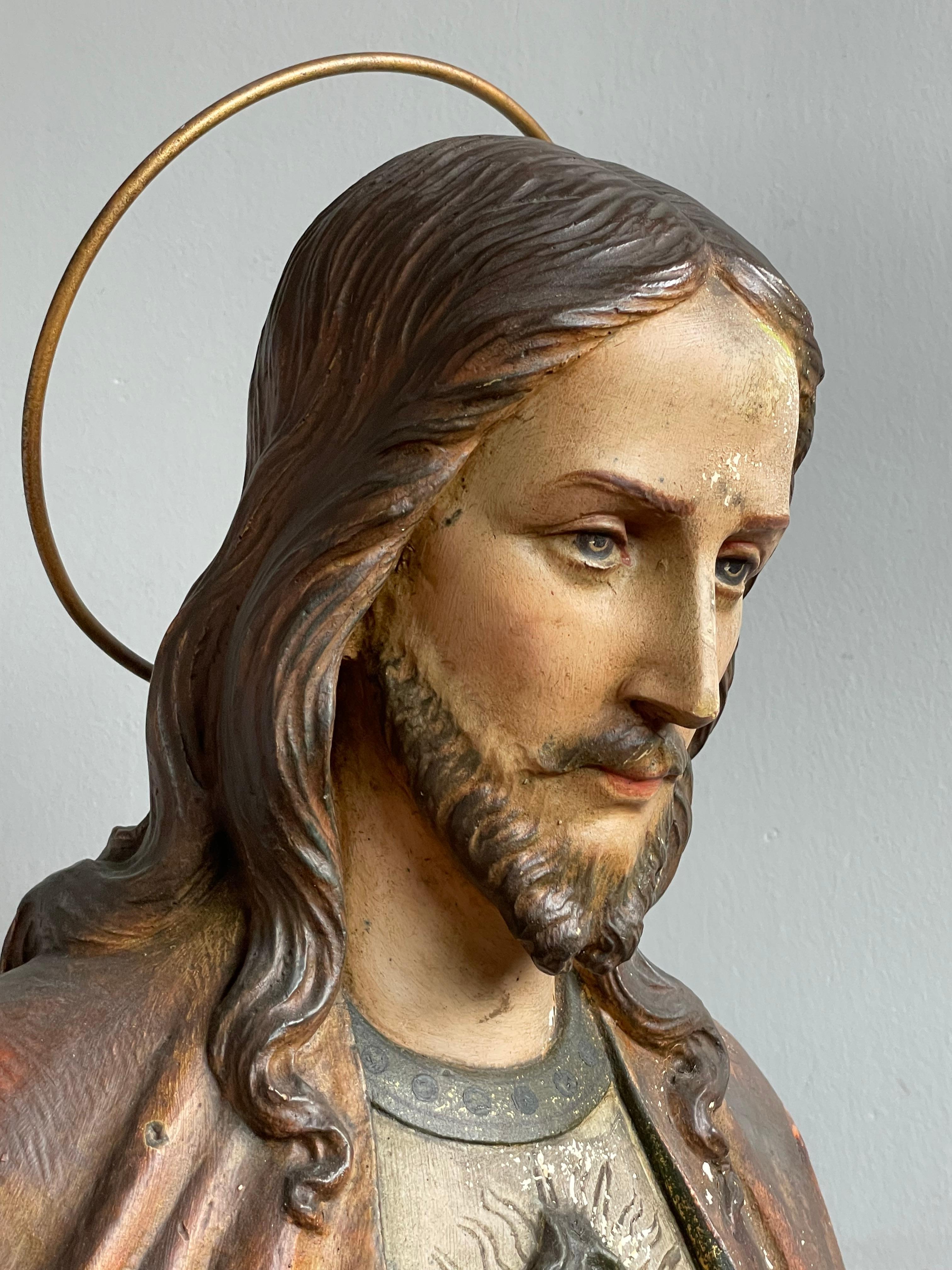 Antique & Rare Hand Painted Plaster, Church Sculpture or Statue of Jesus Christ For Sale 4