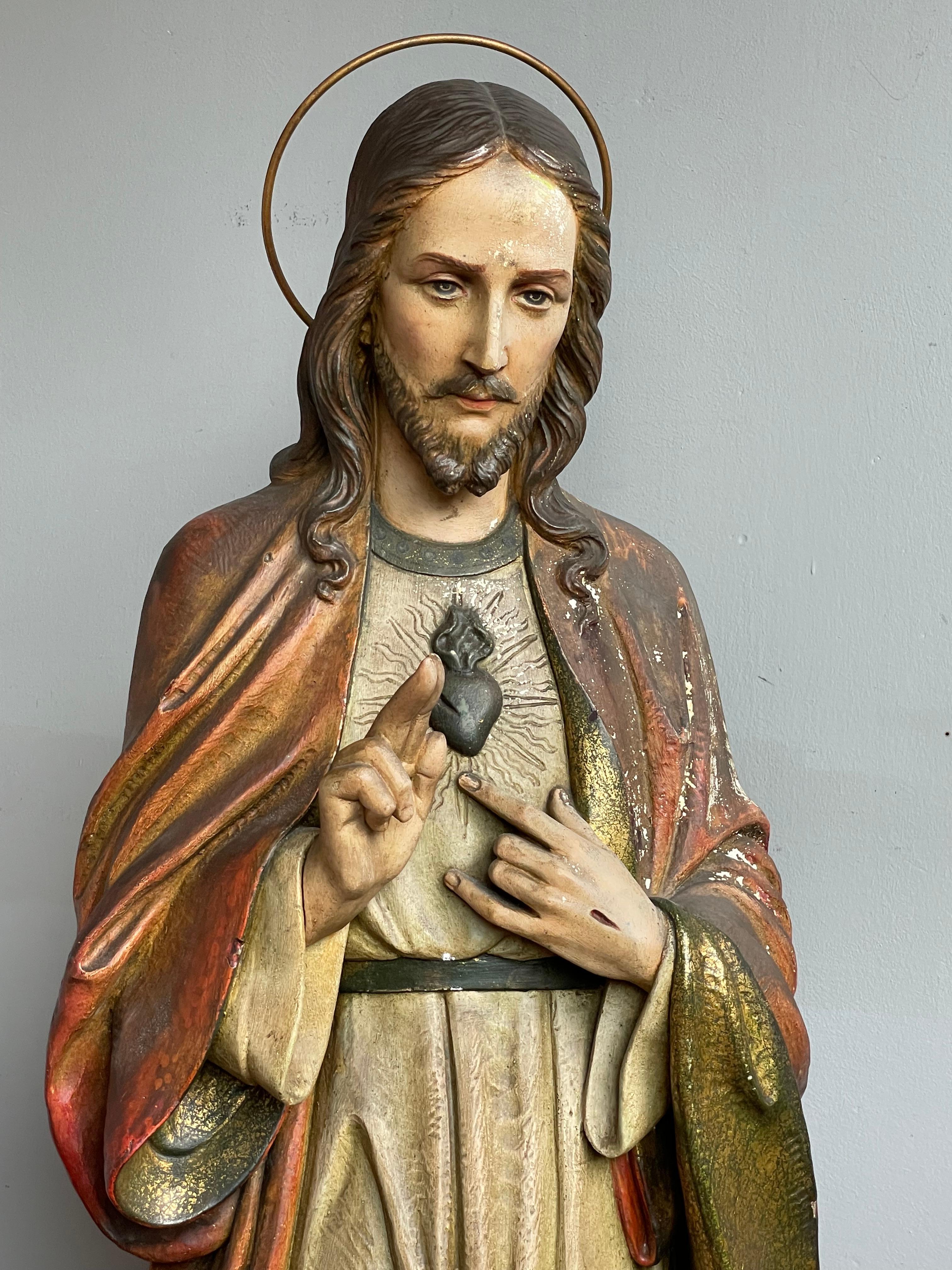 Antique & Rare Hand Painted Plaster, Church Sculpture or Statue of Jesus Christ For Sale 5