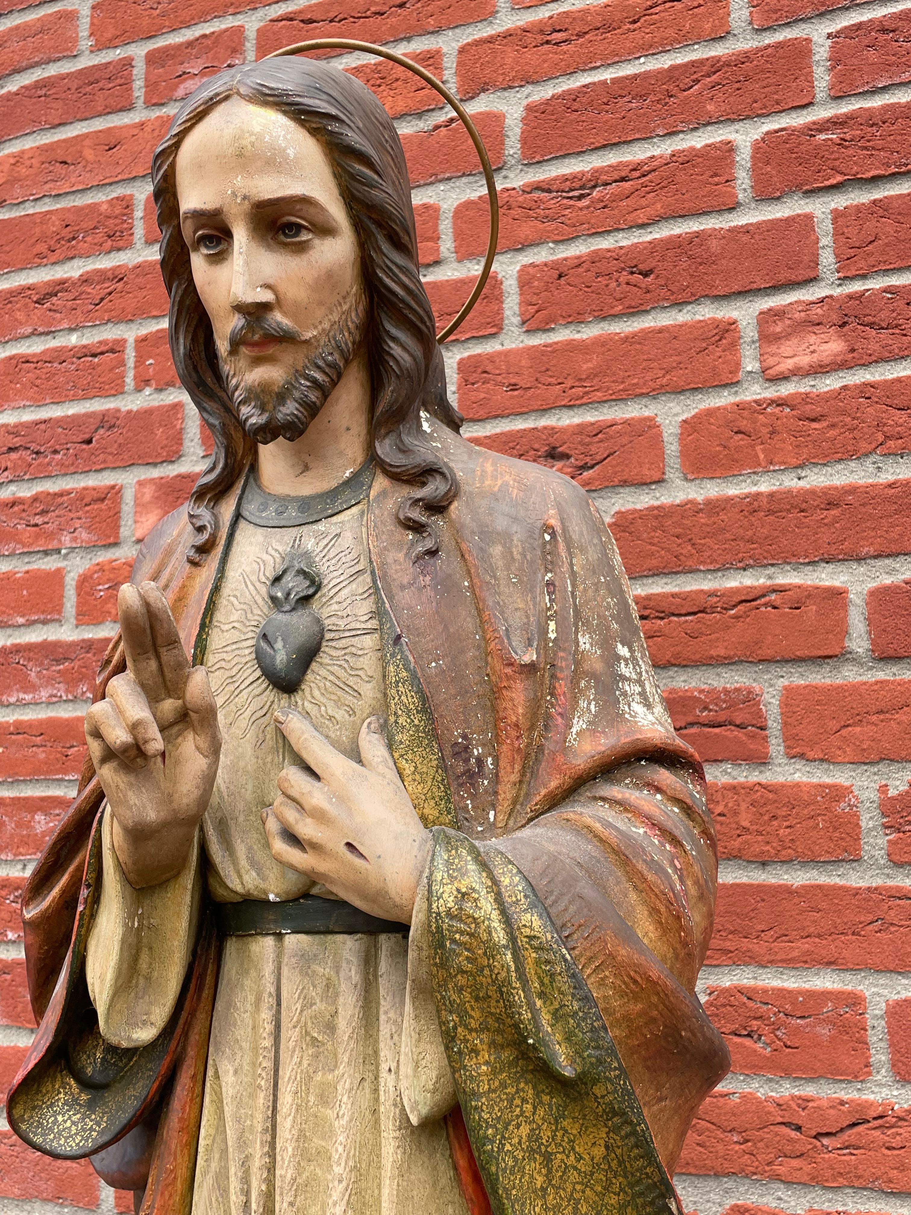 Sculpture d'église ou statue de Jésus-Christ en plâtre peint à la main ancienne et rare en vente 7