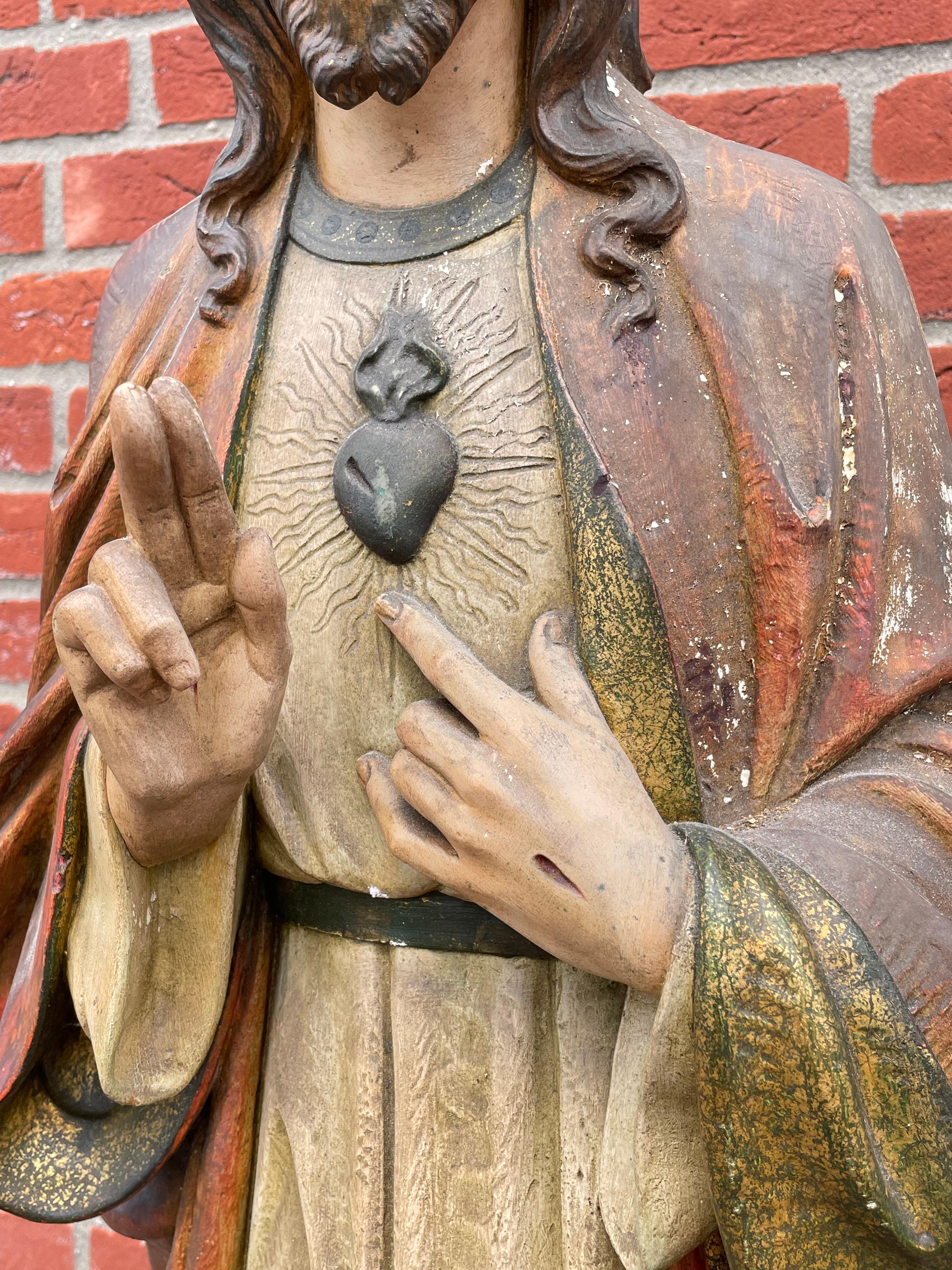Sculpture d'église ou statue de Jésus-Christ en plâtre peint à la main ancienne et rare en vente 8