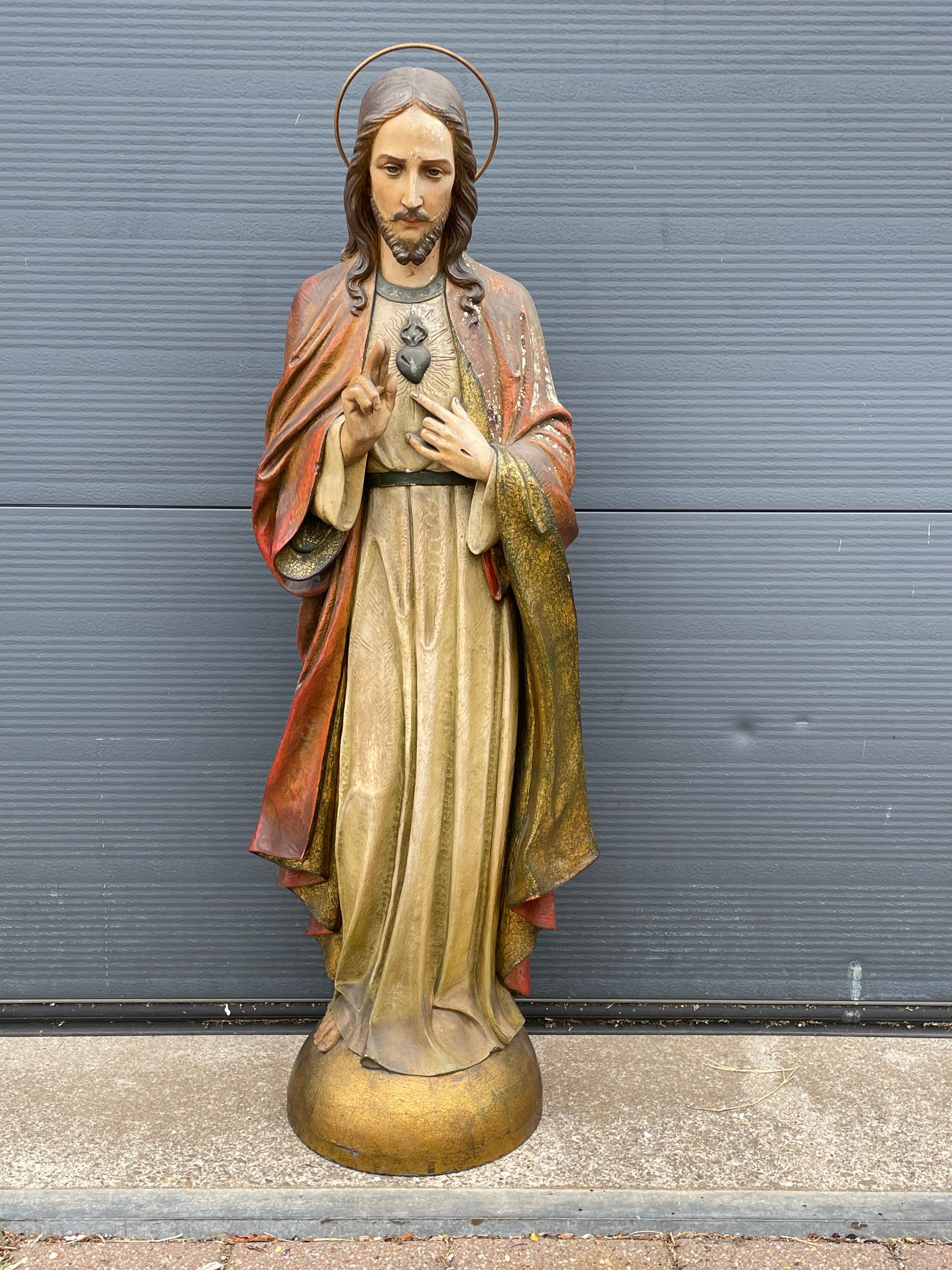 Sculpture d'église ou statue de Jésus-Christ en plâtre peint à la main ancienne et rare en vente 9