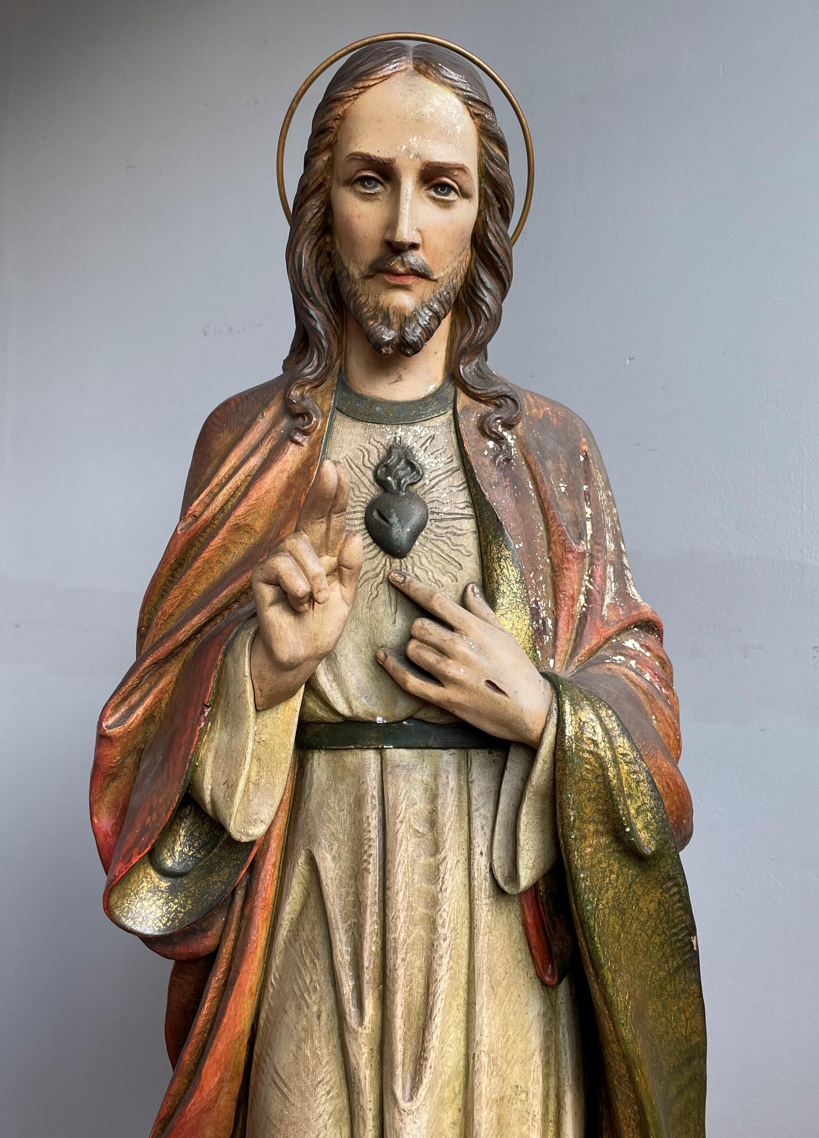Antike und seltene handbemalte Gipsskulptur oder Jesus Christus-Statue, Kirche (Niederländisch) im Angebot