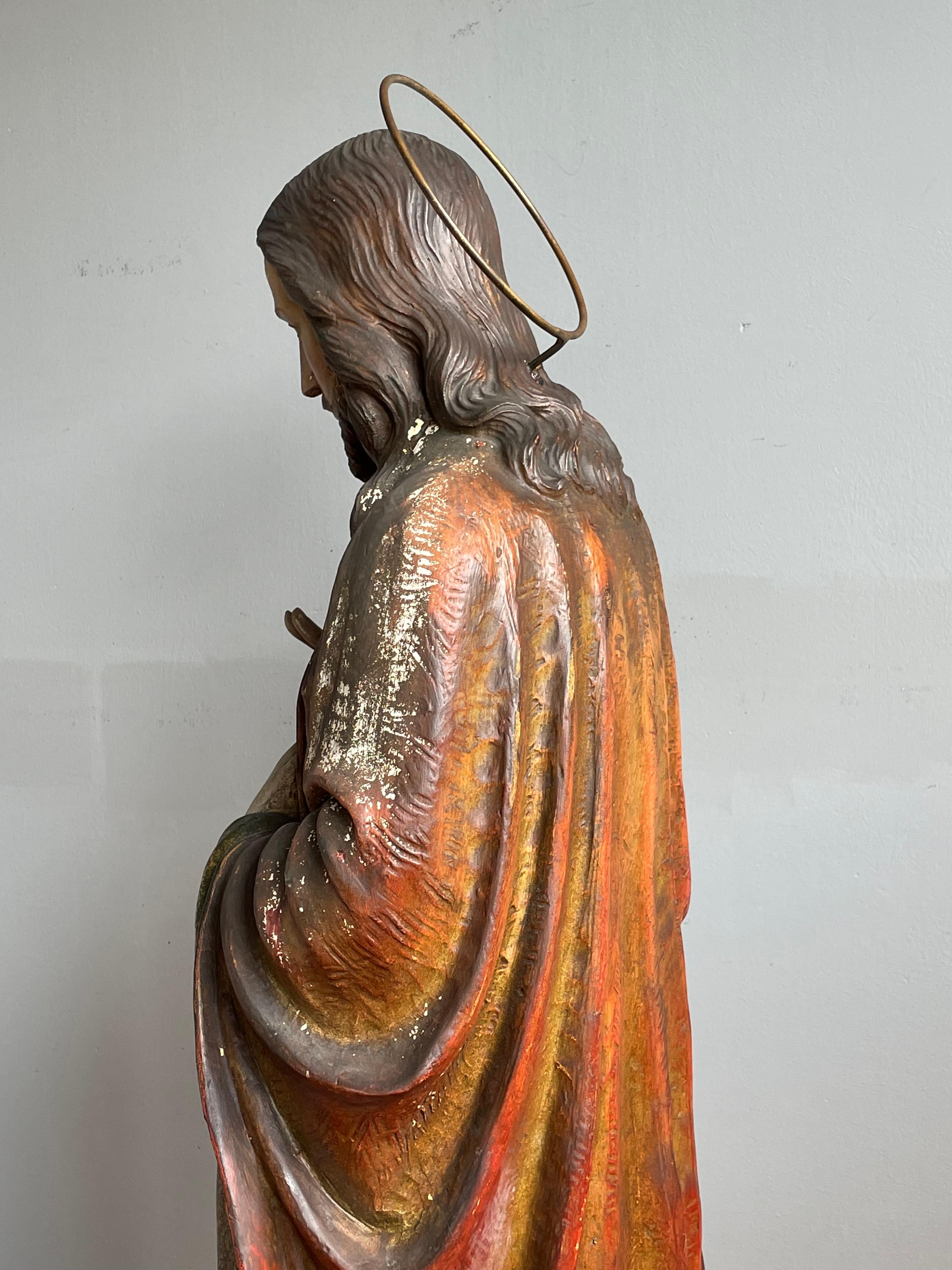 Cast Antique & Rare Hand Painted Plaster, Church Sculpture or Statue of Jesus Christ For Sale