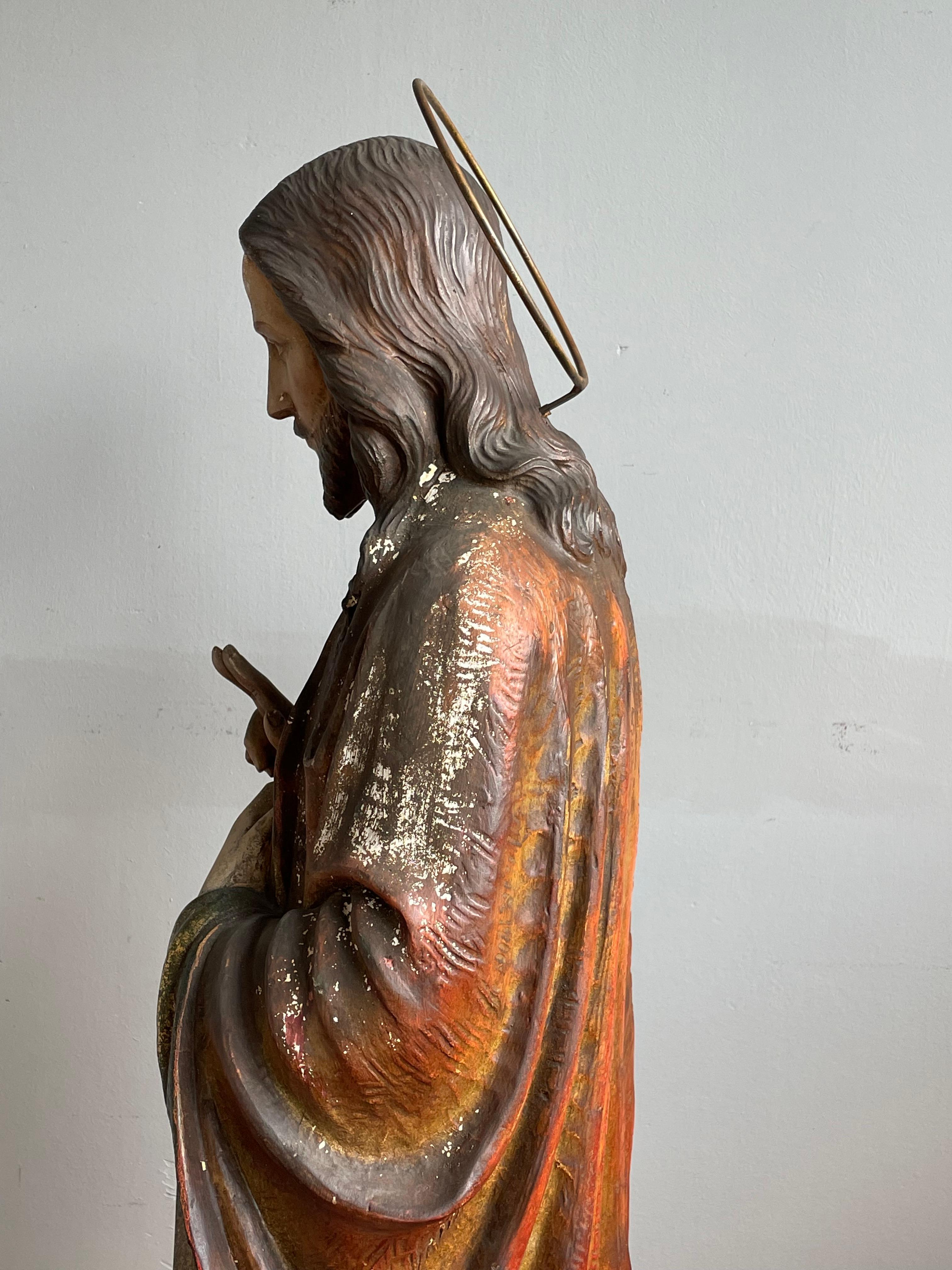 Antique & Rare Hand Painted Plaster, Church Sculpture or Statue of Jesus Christ In Good Condition For Sale In Lisse, NL