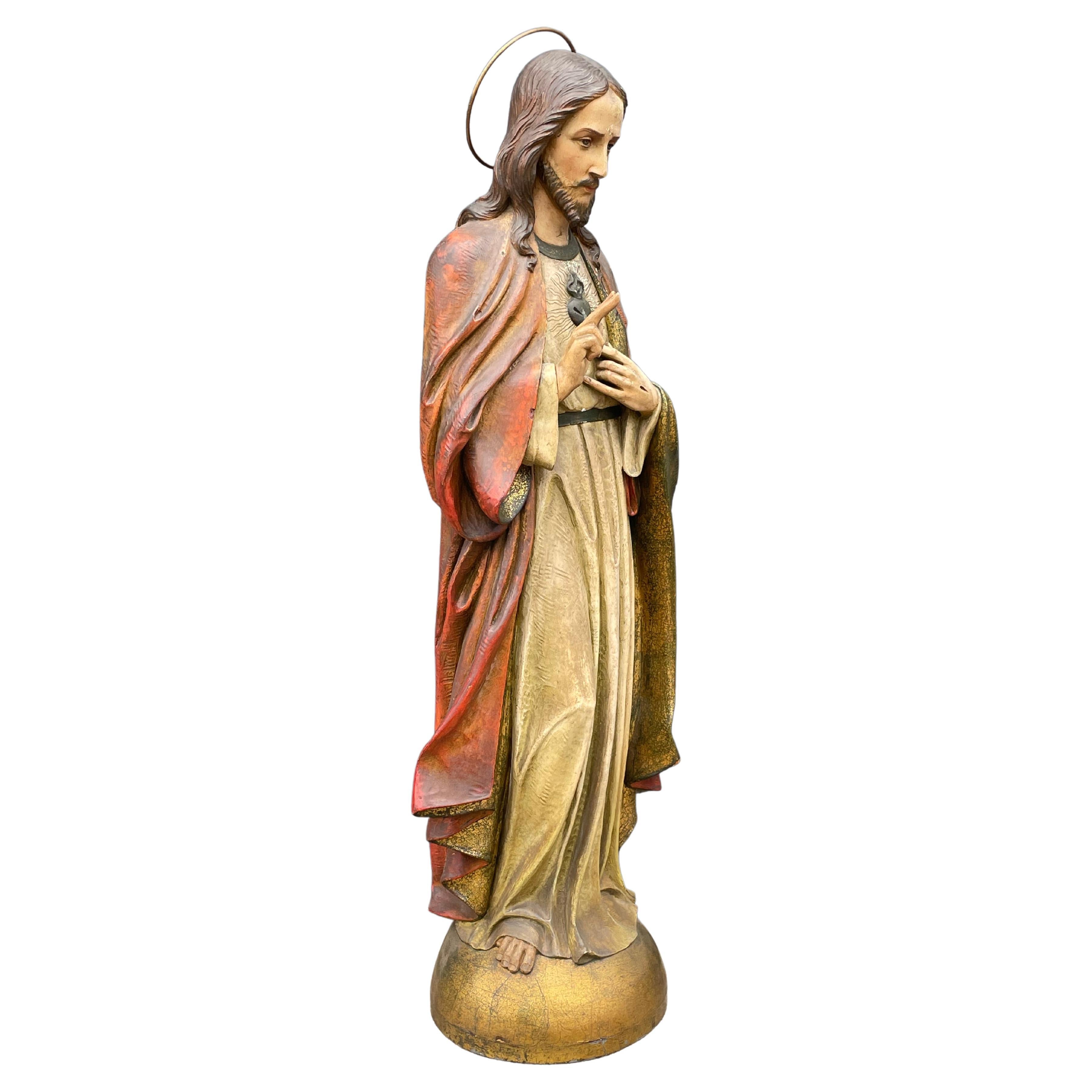 Sculpture d'église ou statue de Jésus-Christ en plâtre peint à la main ancienne et rare en vente