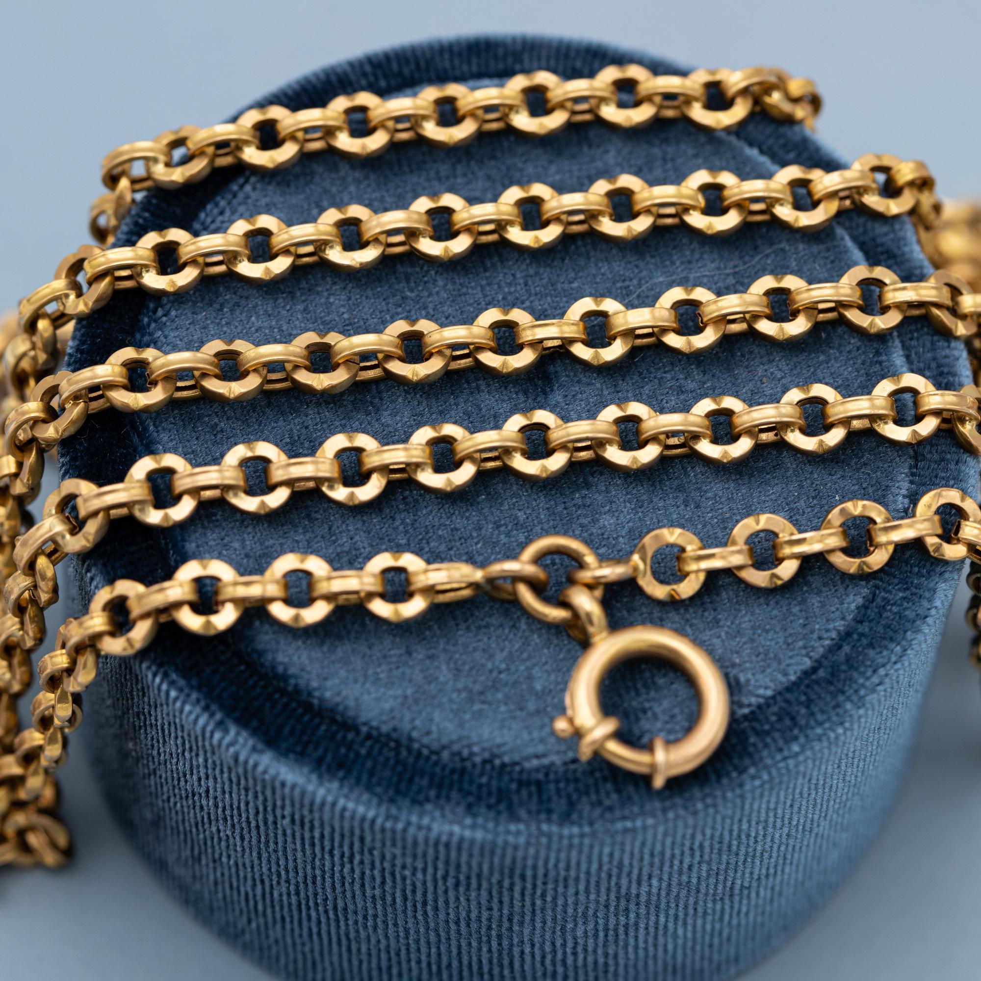 Antique Rare hollow long guard chain - early Victorian necklace - solid gold For Sale 1
