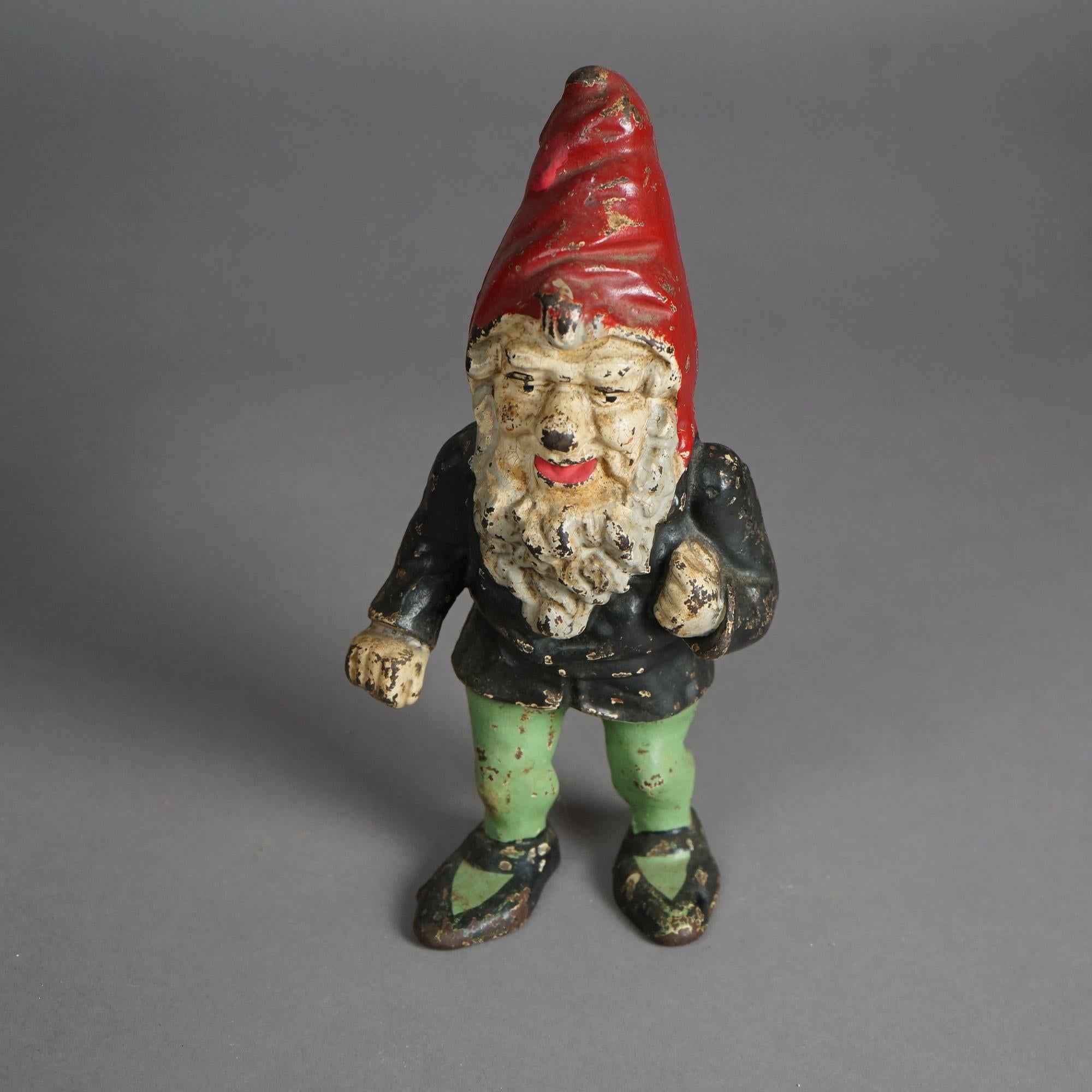 Antique & Rare Hubley Polychromed Figural Cast Iron Gnome Door Stop 19th C In Good Condition In Big Flats, NY