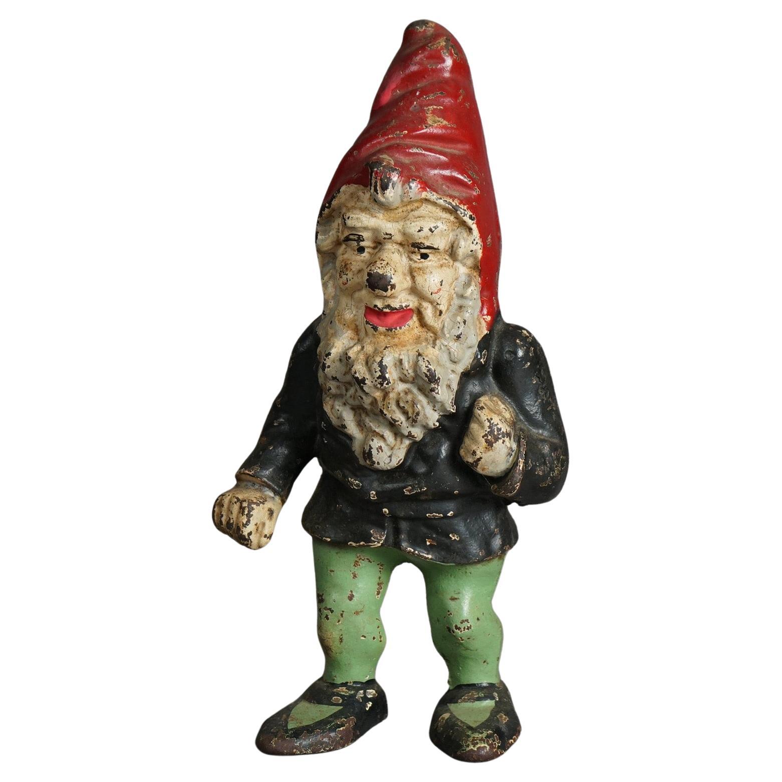 Antique & Rare Hubley Polychromed Figural Cast Iron Gnome Door Stop 19th C