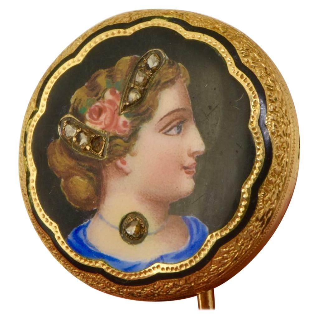 Antique Rare Imperial Russian Fabergé 14k Gold, Enamel, and Diamonds, Pin Brooch For Sale