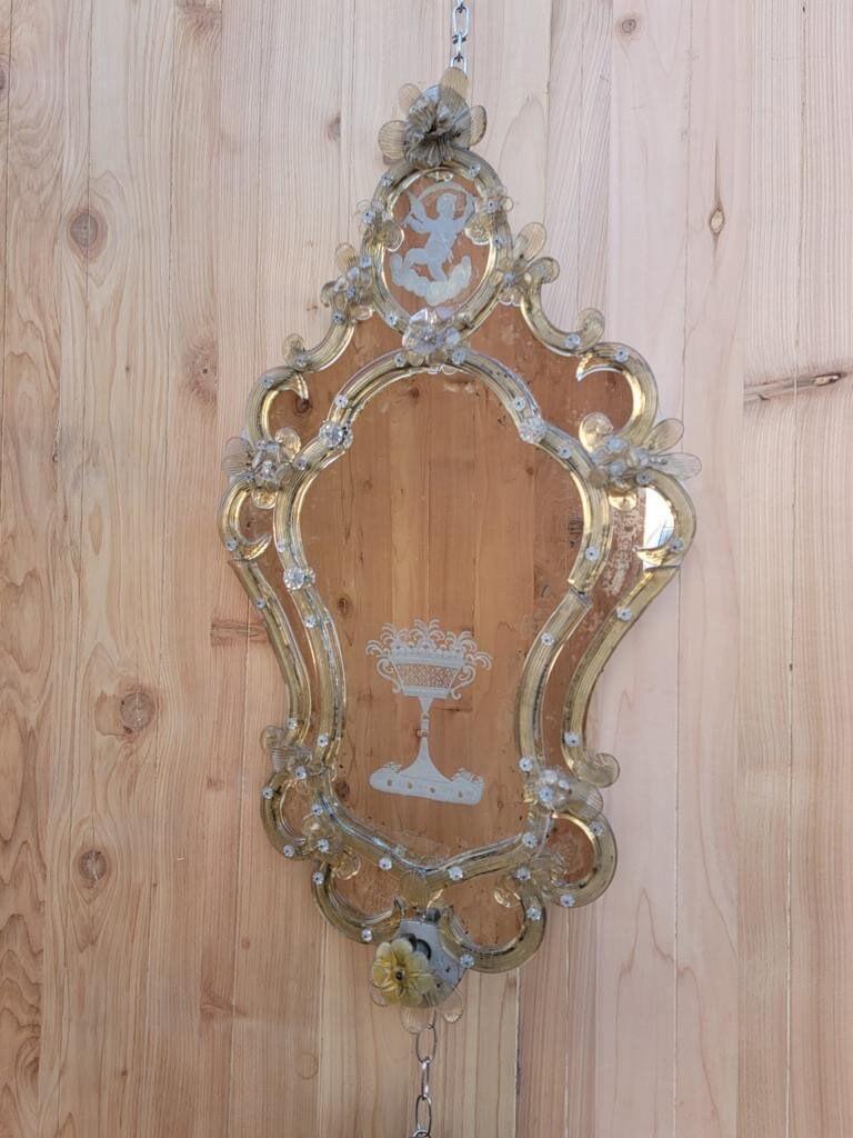 Renaissance Antique Rare Italian Venetian Etched Floral Glass Wall Mirror, Set of 2 For Sale