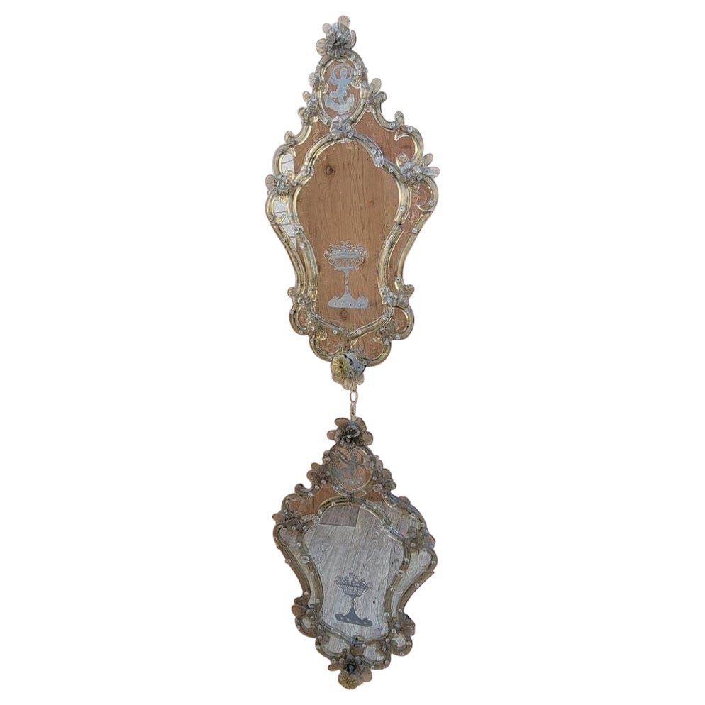 Antique et rare miroir mural vénitien italien en verre floral gravé, lot de 2