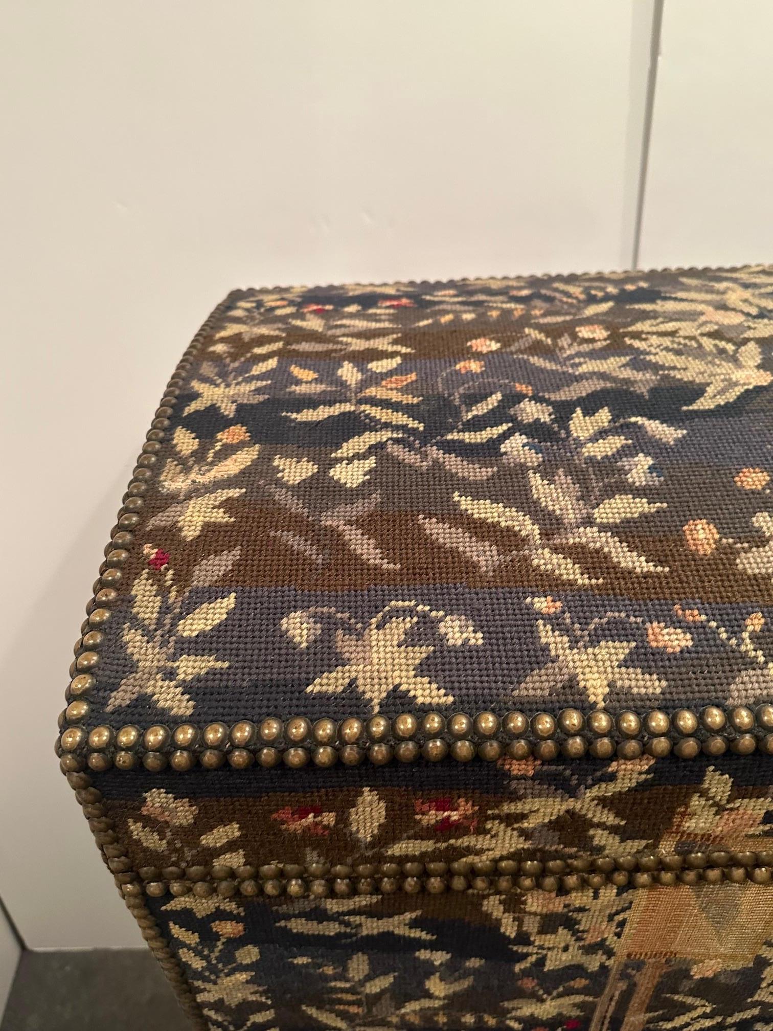 Antique Rare Jacobean Style Tapestry Covered Desk on Barley Twist Base For Sale 5
