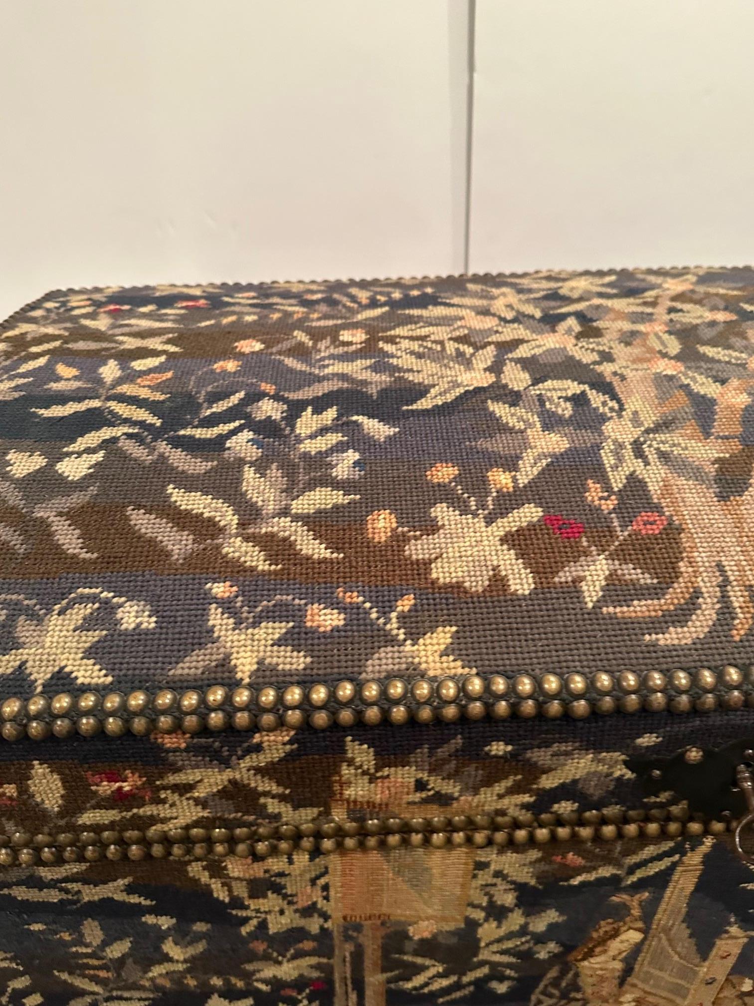 Antique Rare Jacobean Style Tapestry Covered Desk on Barley Twist Base For Sale 6