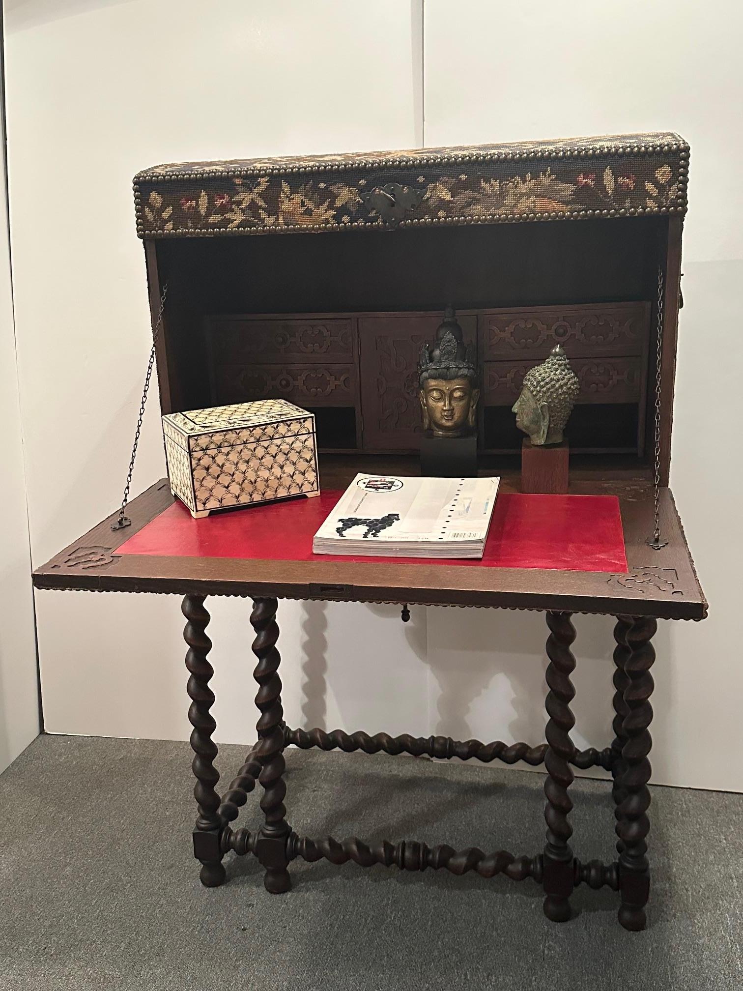 Antique Rare Jacobean Style Tapestry Covered Desk on Barley Twist Base For Sale 7