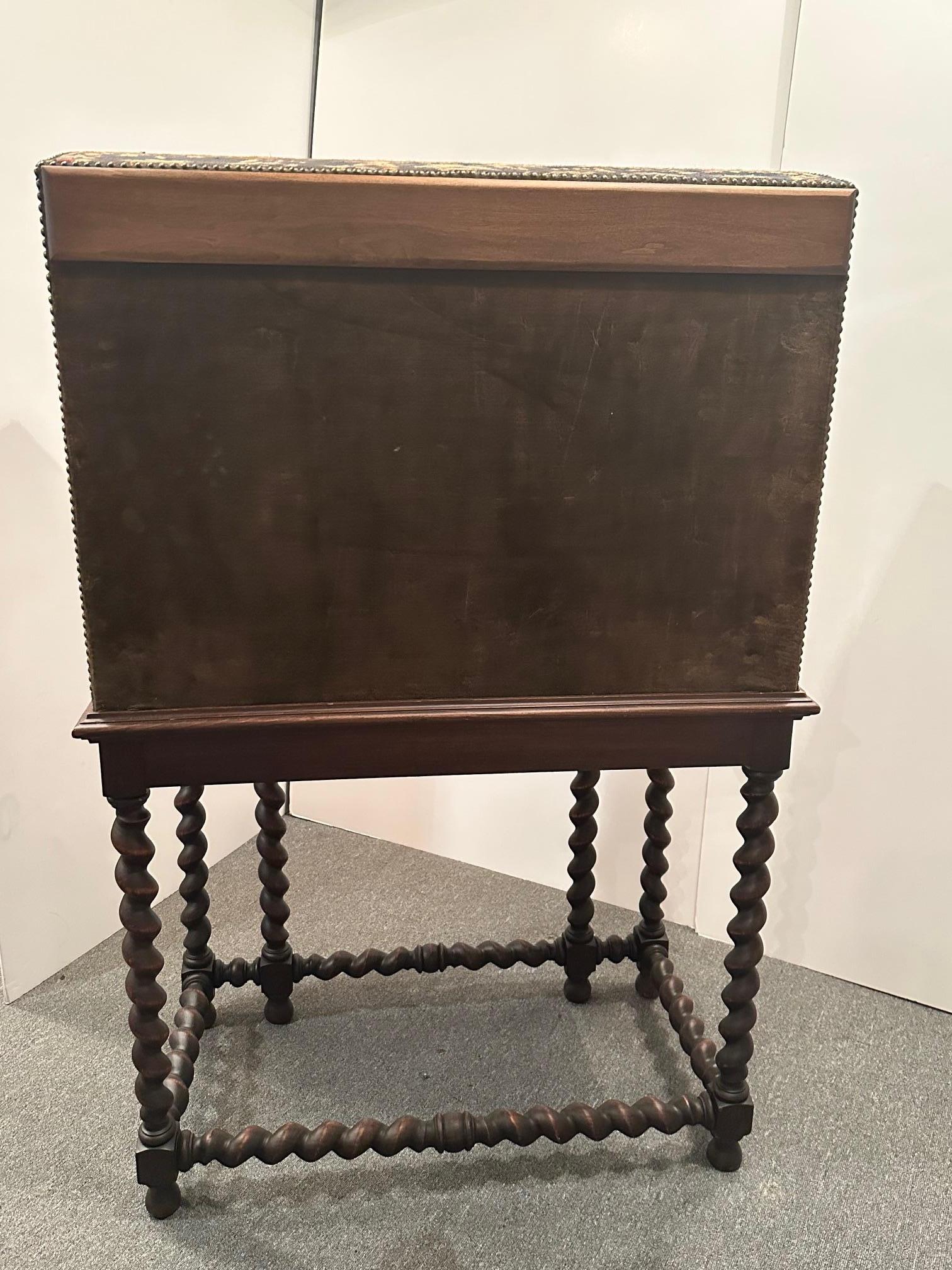 Antique Rare Jacobean Style Tapestry Covered Desk on Barley Twist Base For Sale 8