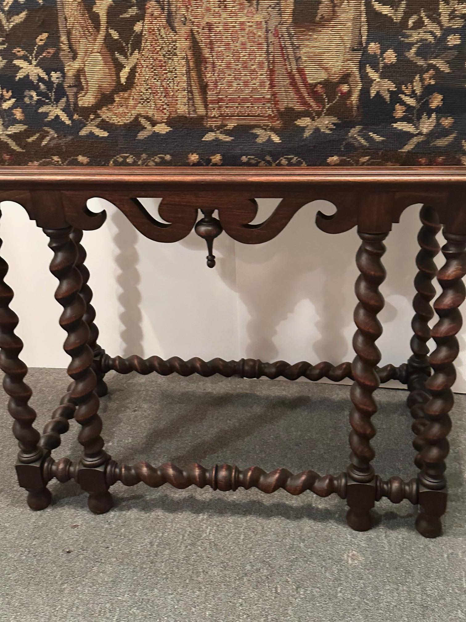 English Antique Rare Jacobean Style Tapestry Covered Desk on Barley Twist Base For Sale
