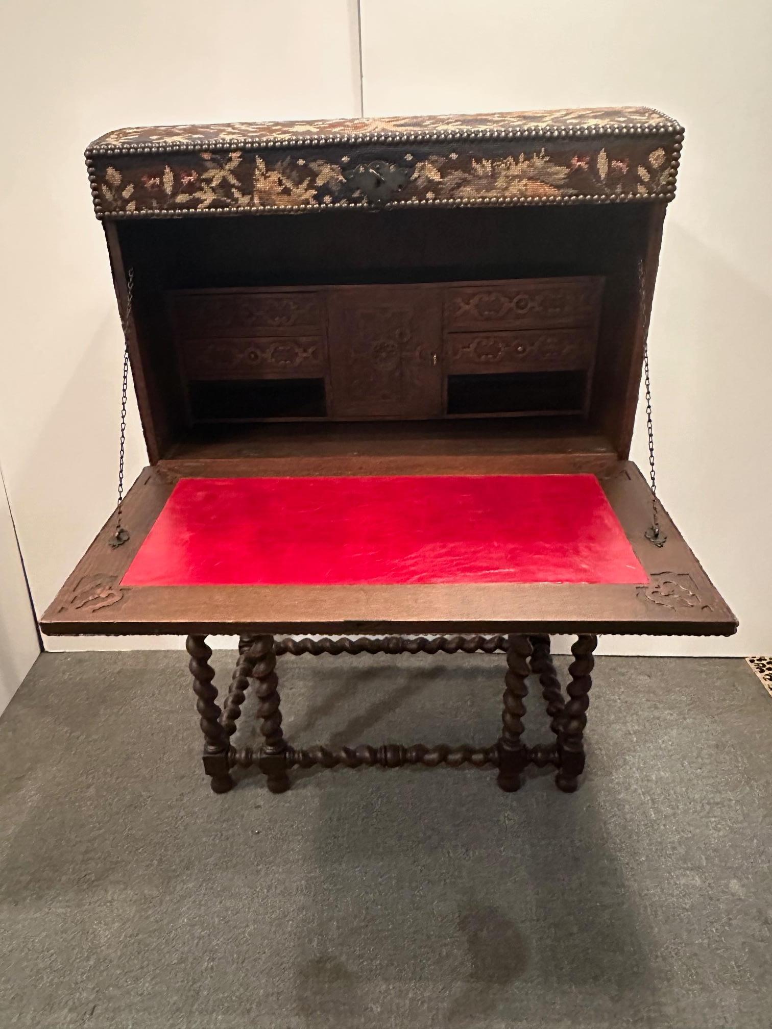 Antique Rare Jacobean Style Tapestry Covered Desk on Barley Twist Base In Good Condition For Sale In Hopewell, NJ
