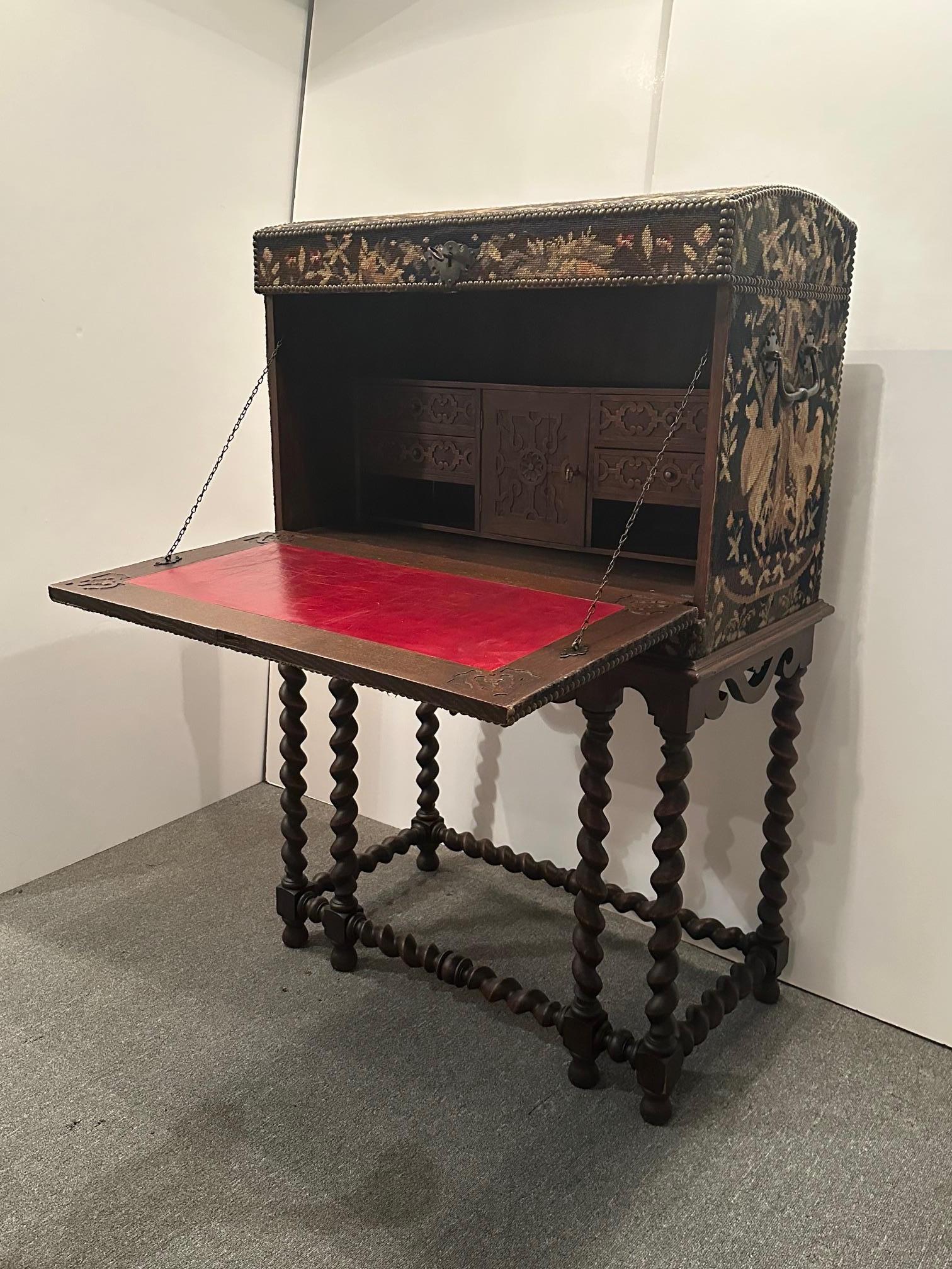 Early 20th Century Antique Rare Jacobean Style Tapestry Covered Desk on Barley Twist Base For Sale
