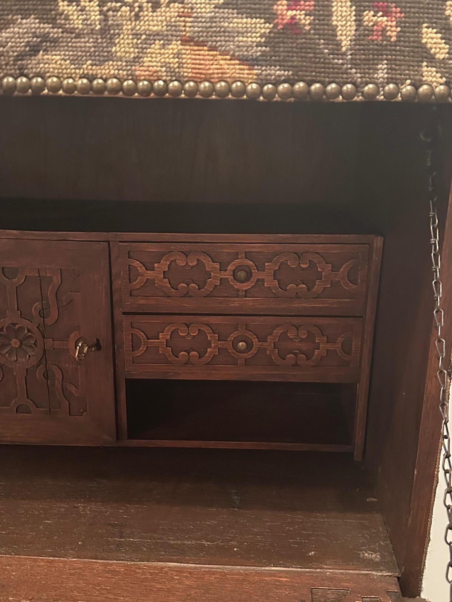 Antique Rare Jacobean Style Tapestry Covered Desk on Barley Twist Base For Sale 2