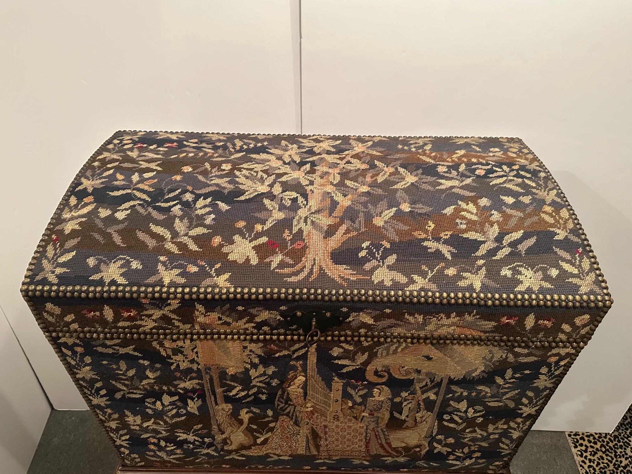 Antique Rare Jacobean Style Tapestry Covered Desk on Barley Twist Base For Sale 3