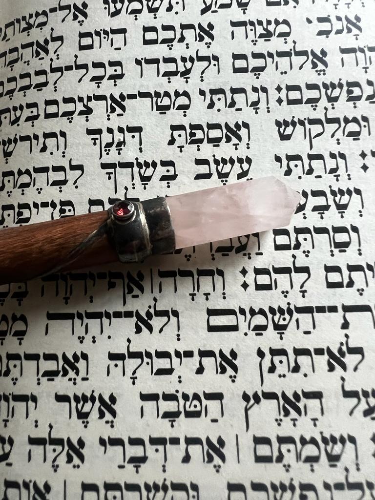 Hand-Crafted Antique Rare Judaical Wooden and Rose Quartz Torah Pointer (Yad) 1900s For Sale