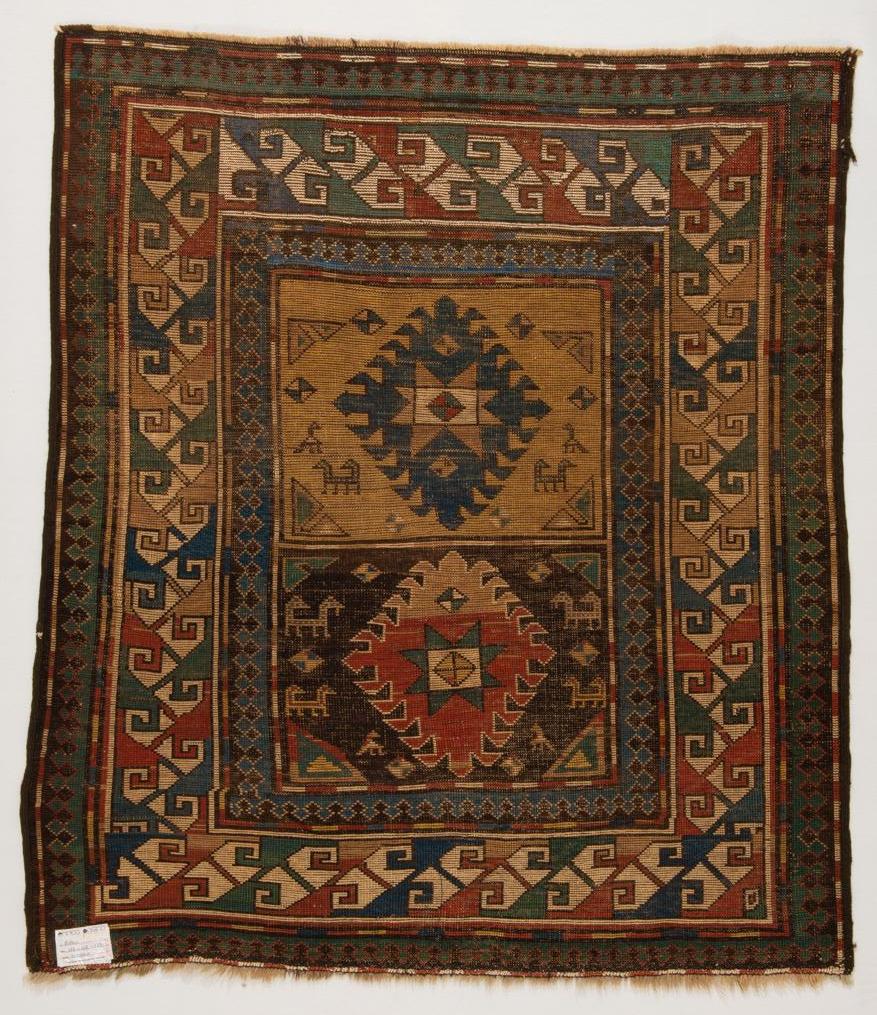 (nr. 750 ) -  Antique rare KAZAK Caucasian carpet from my private collection - vibrant colors, little size. 
  Great for hanging ! It's like a modern artwork.

