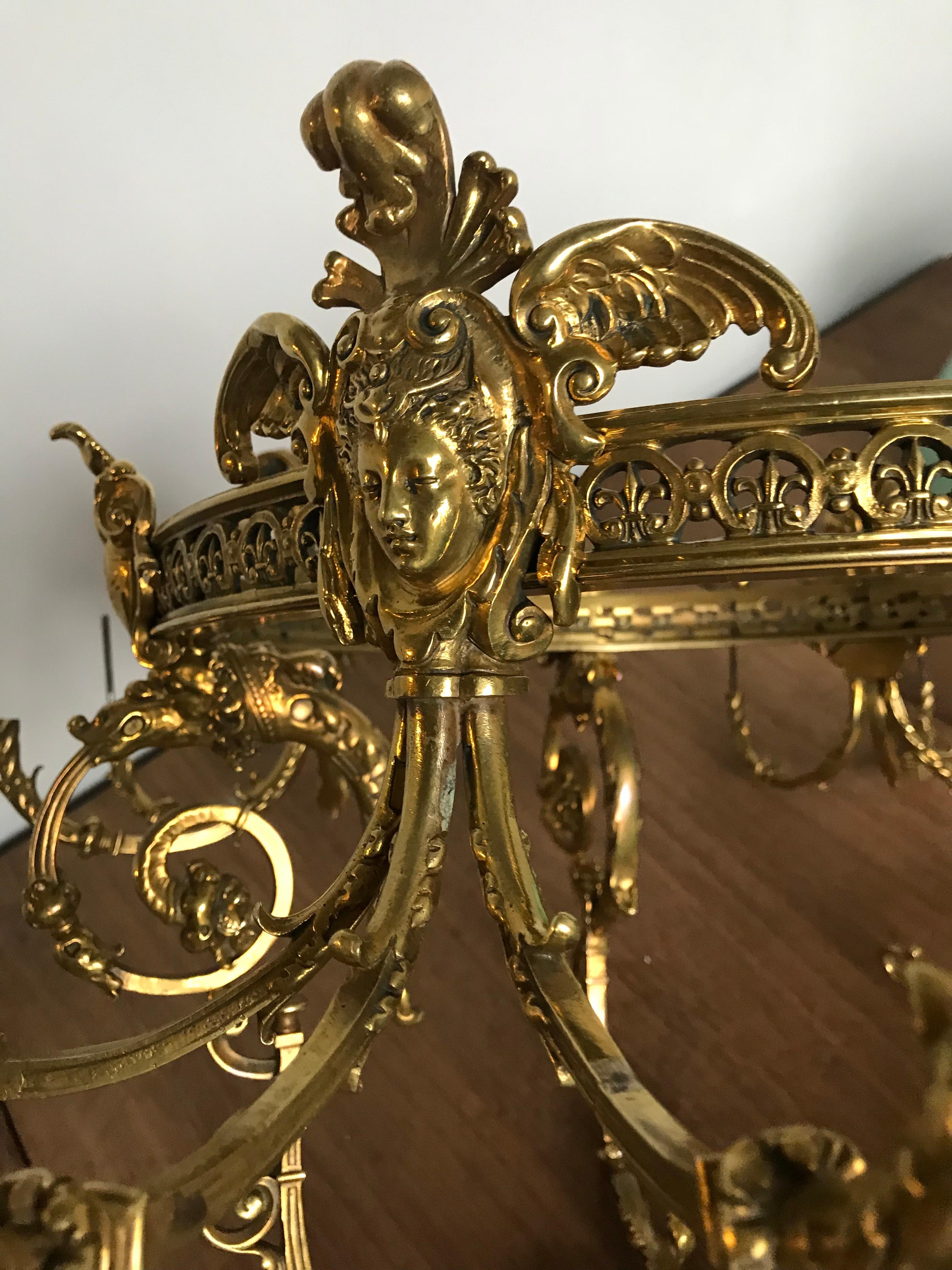 Monumental Large Neo Classical Gilt Bronze Sculptured Oil Lamp Chandelier  For Sale 7