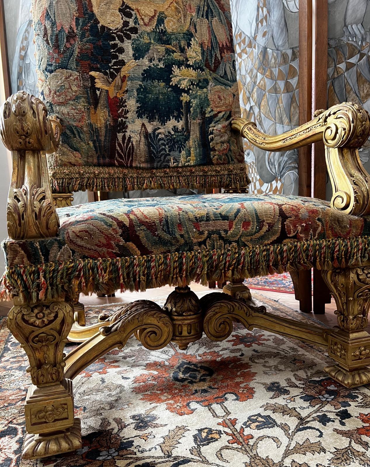 This is an absolutely beautiful and unusual Louis XIV style Throne armchair with original tapestry upholstery. The hight is very rare as well -140 cm which makes this exceptional chair even more royal. Outstandingly finely carved and extremely