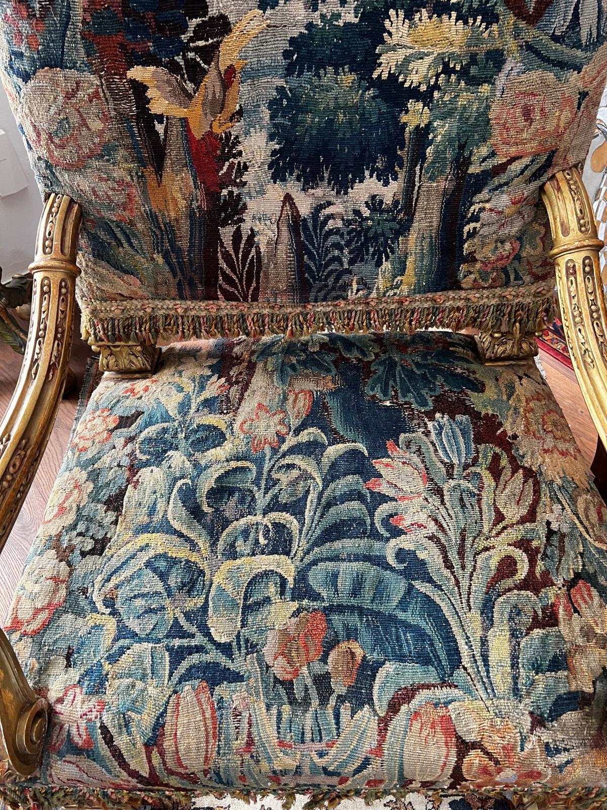 French Louis XIV Style Carved Giltwood Tapestry Upholstered Armchair For Sale