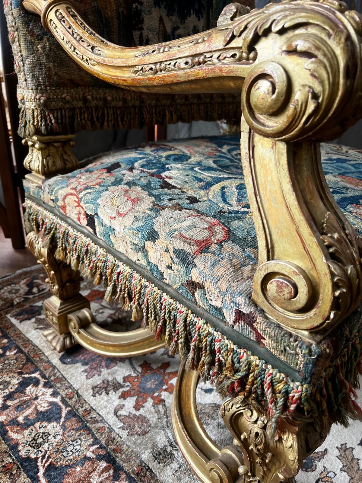 Hand-Crafted Louis XIV Style Carved Giltwood Tapestry Upholstered Armchair For Sale