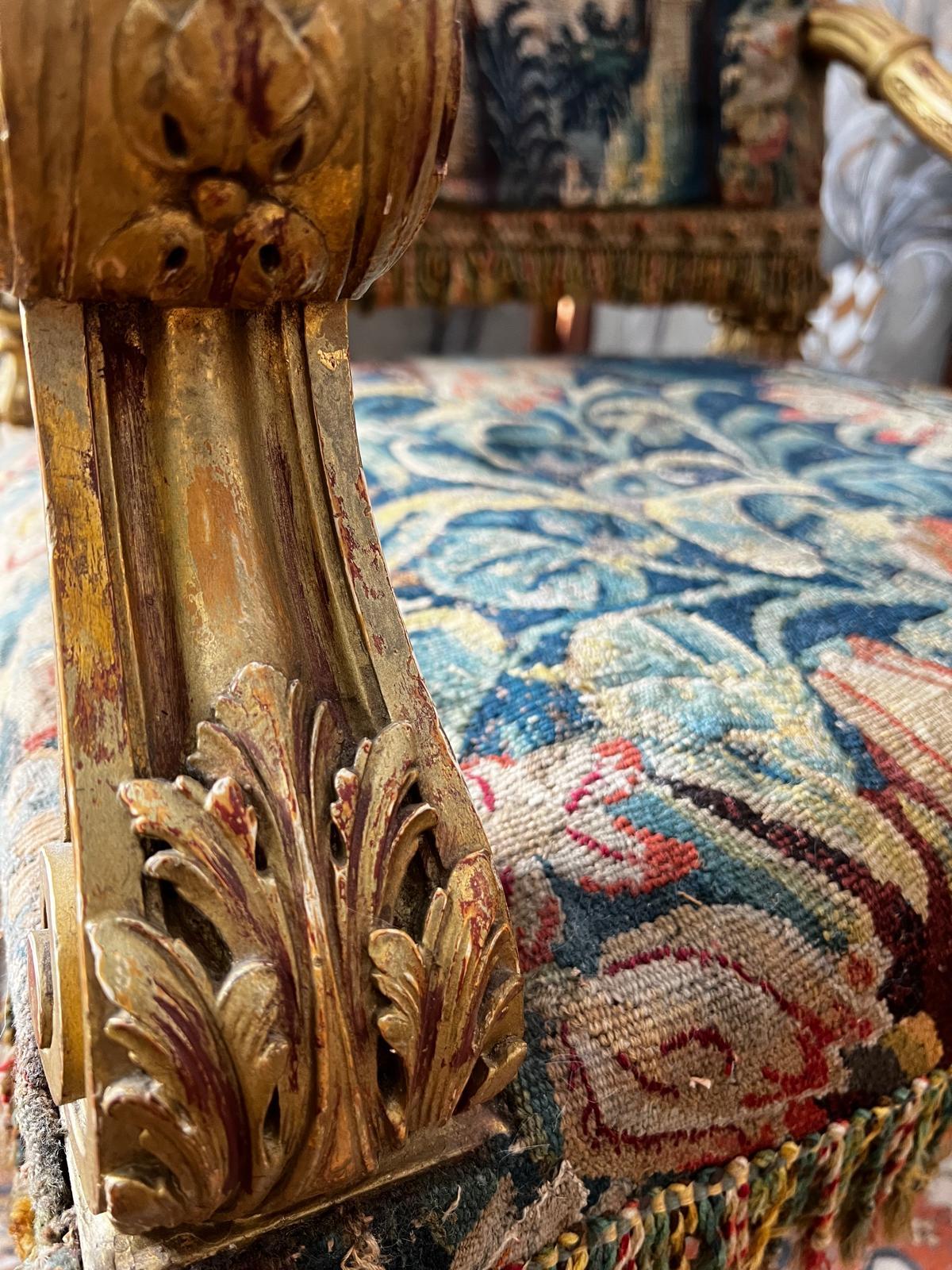 Louis XIV Style Carved Giltwood Tapestry Upholstered Armchair In Good Condition For Sale In Doha, QA