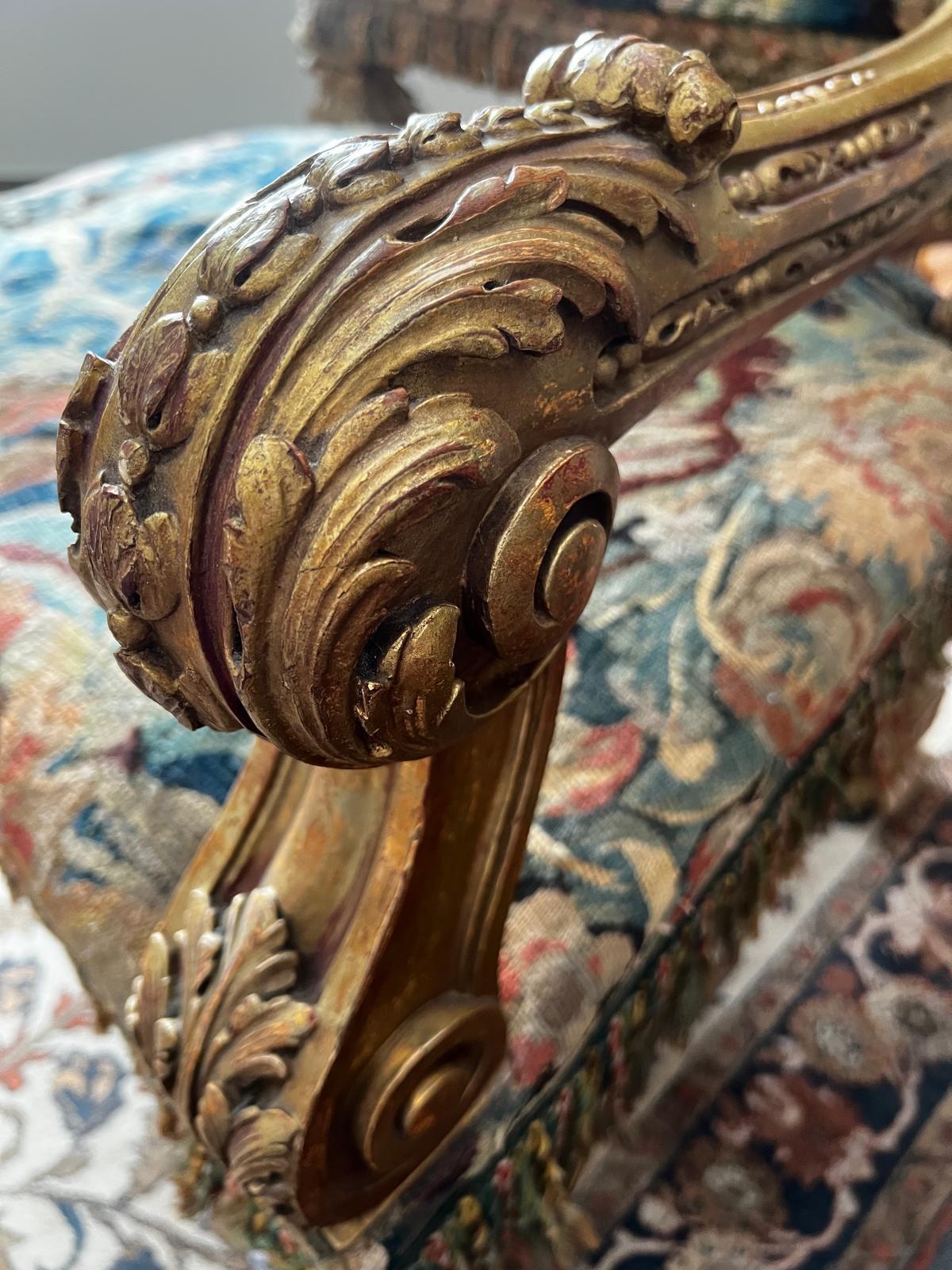 19th Century Louis XIV Style Carved Giltwood Tapestry Upholstered Armchair For Sale