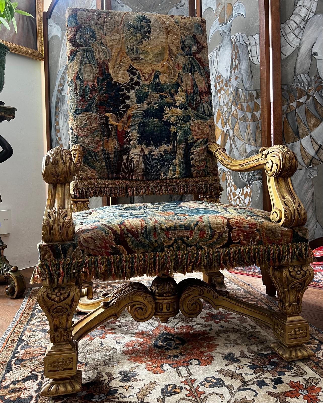 Louis XIV Style Carved Giltwood Tapestry Upholstered Armchair For Sale 3